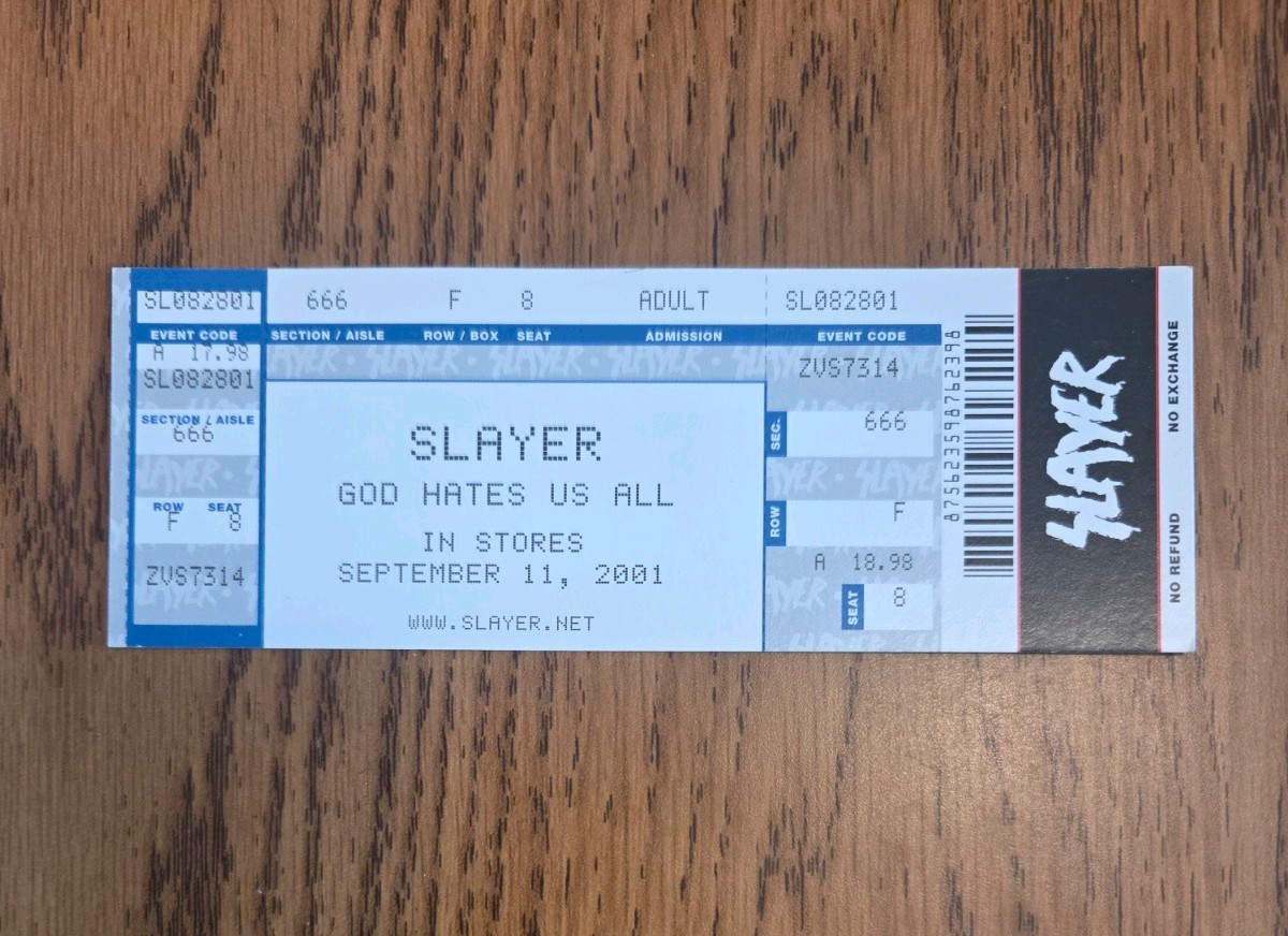 Slayer God Hates Us All Promo Promotional Ticket 2001 Thrash Metal Slayer God Hates Us All Promo Promotional Ticket 2001 Thrash Metal