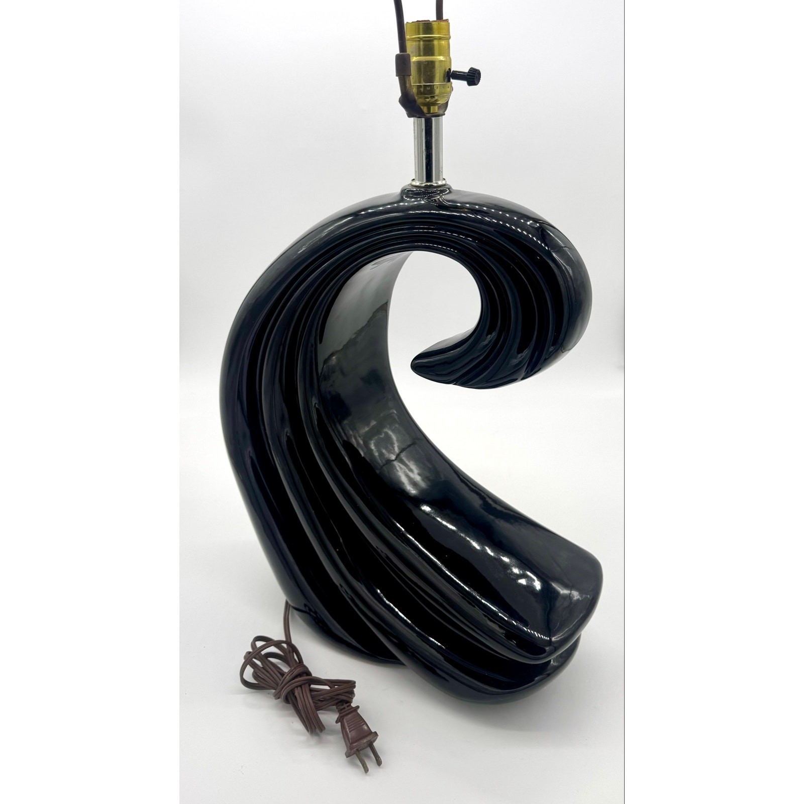 Vintage 1980s Postmodern Black Ceramic Wave Swirl Sculptural Table Lamp 21