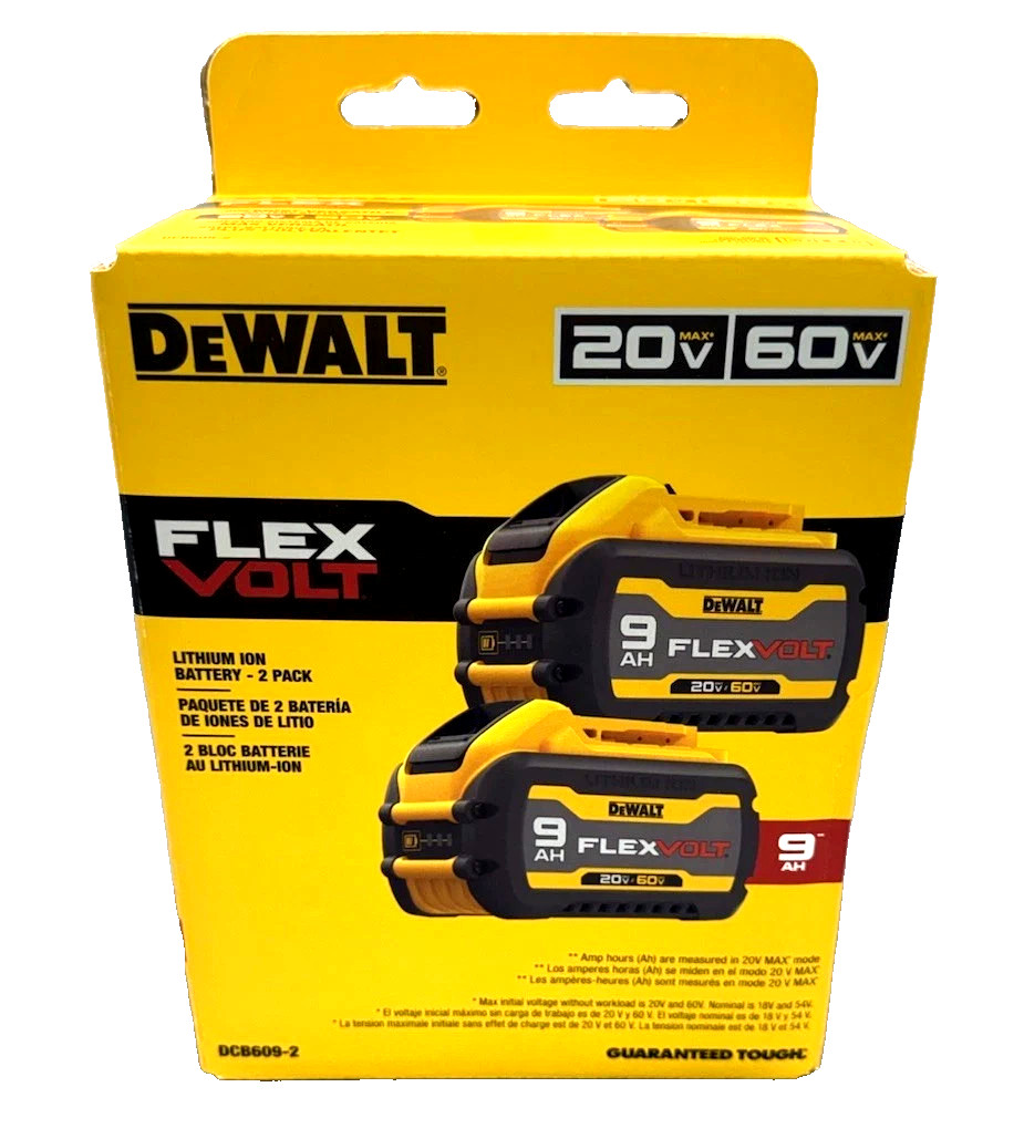GENUINE DeWALT FlexVolt 20V / 60V 9.0Ah 9 AH Lithium batteries 2-Pack (DCB609-2) GENUINE DeWALT FlexVolt 20V / 60V 9.0Ah 9 AH Lithium batteries 2-Pack (DCB609-2)