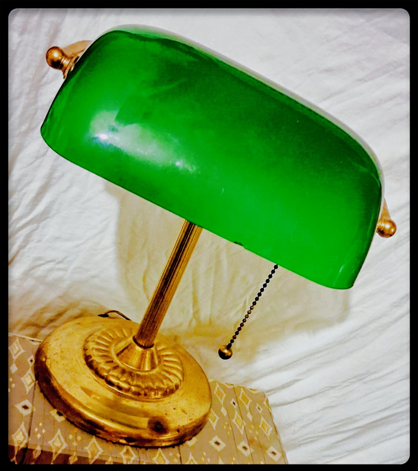 Vintage 1970s Emerald Duckbill Style Desk Lamp Heavy Brass Candle Stick Base