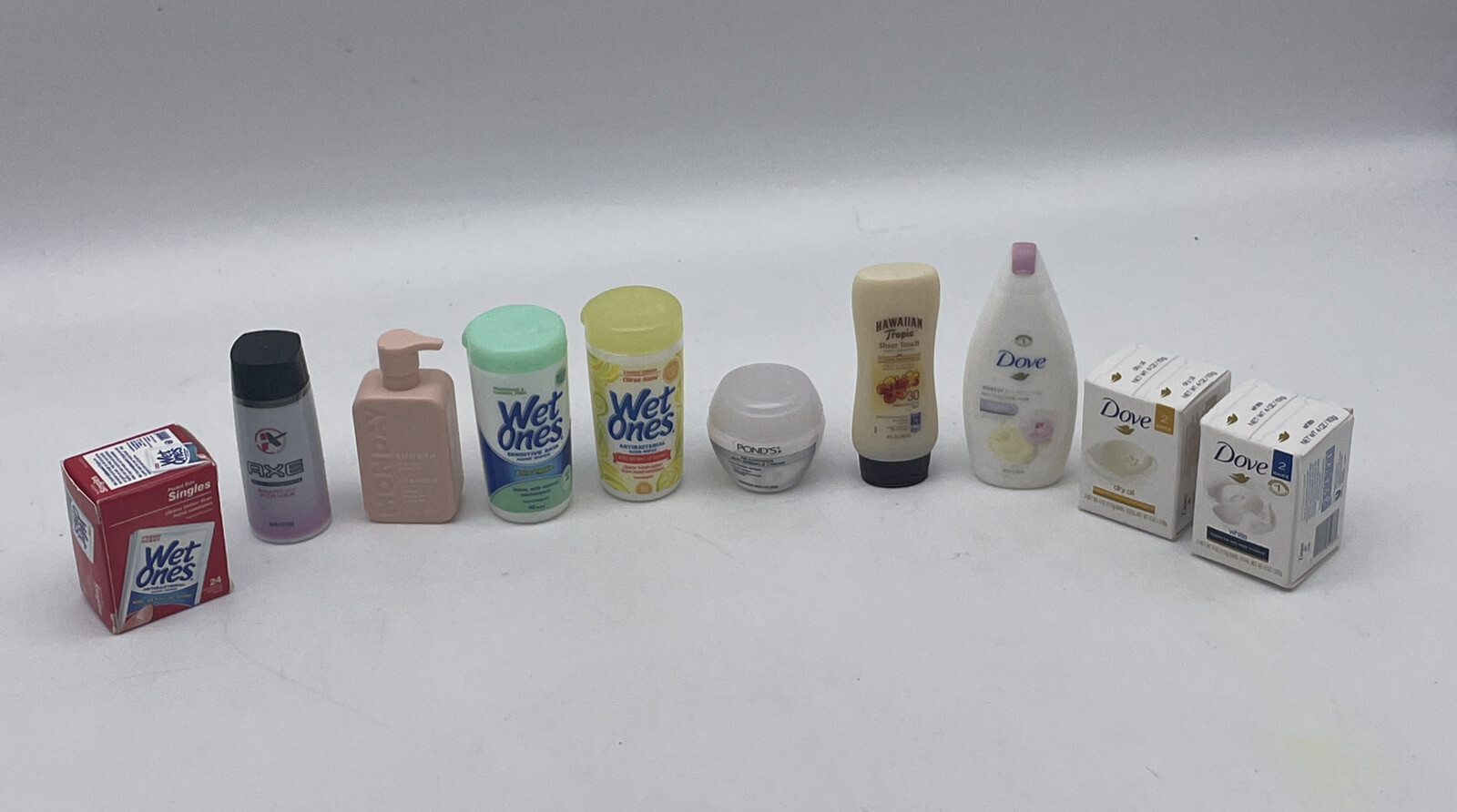 Lot of 10 Zuru Mini Brands Mixed Dove Axe Wet Ones Hawaiian Tropic Ponds Shampoo
