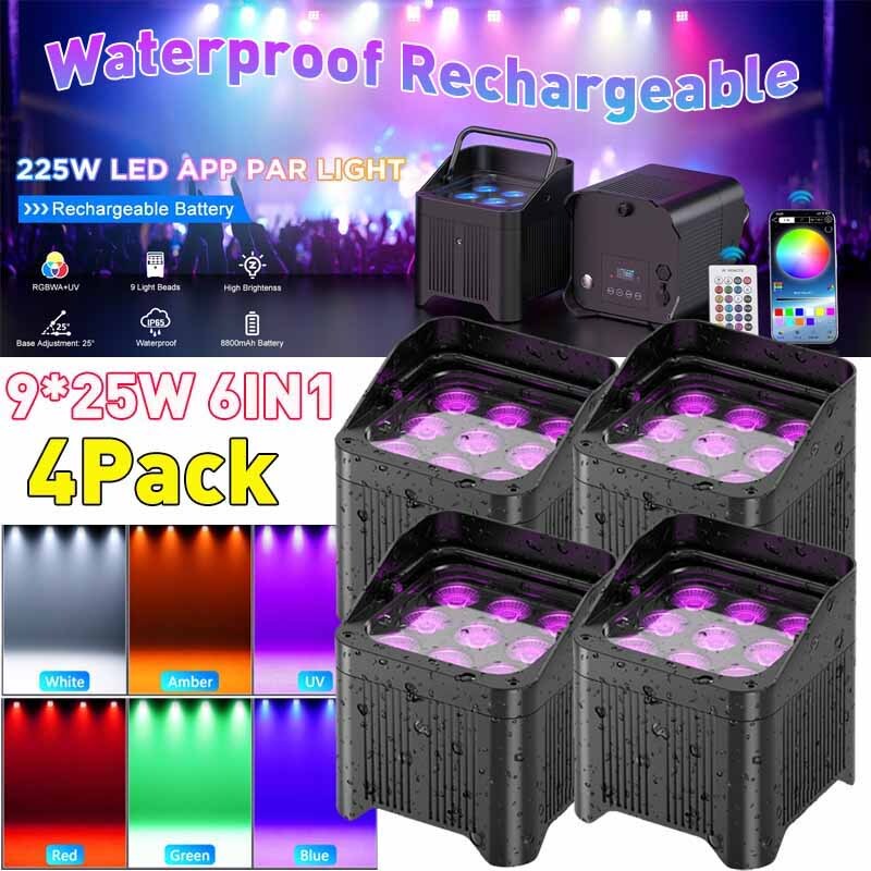 4pcs Wireless LED stage Uplight 225W RGBWA+UV Rechargeable Par Light w/ Bag