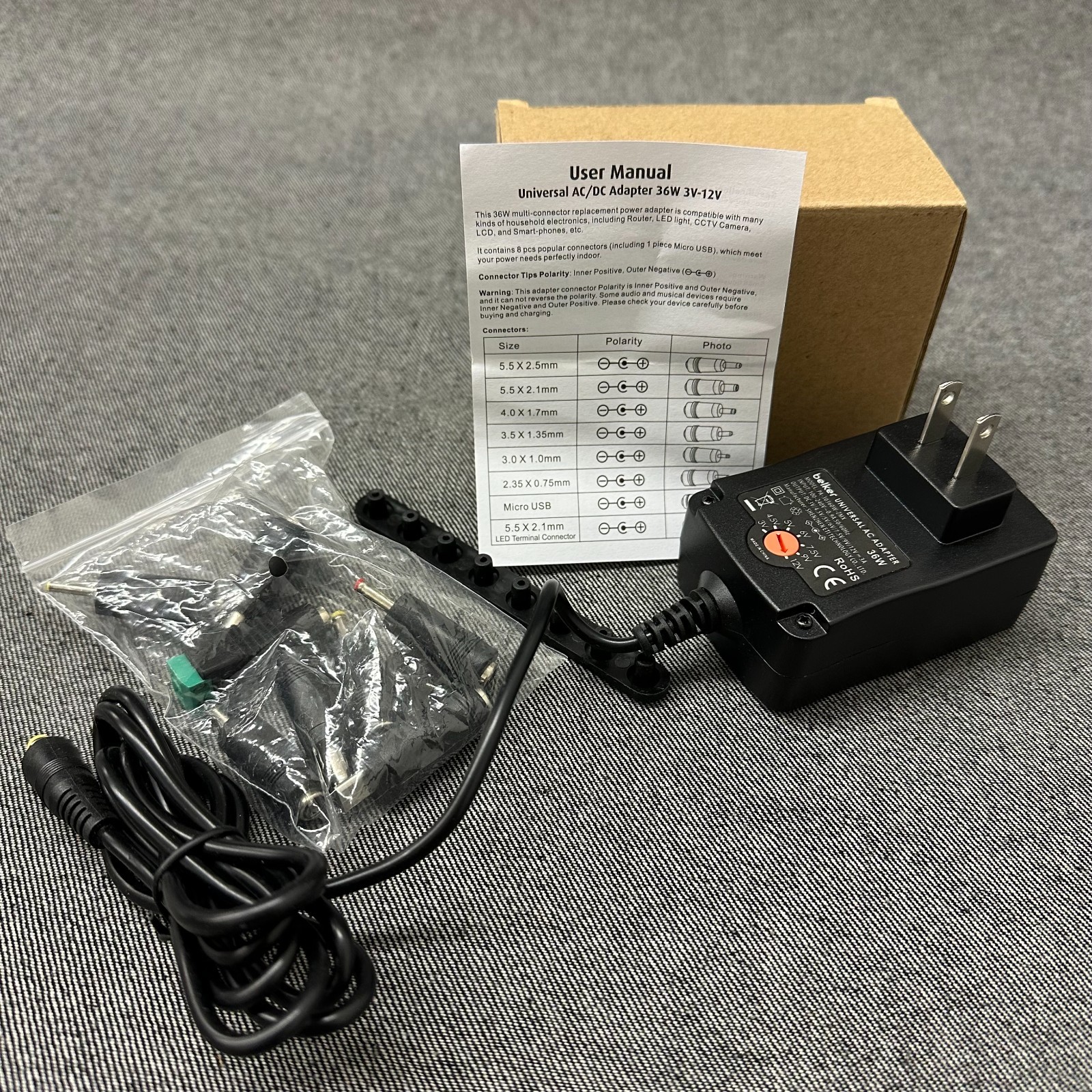 Belker 36W Universal AC DC Adapter 3V-12V 3A 8 Tips PA-30360W-ZMX