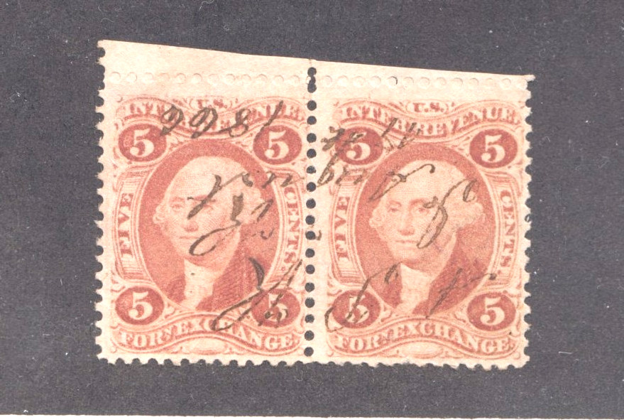 US SC # R26c RARE MISCUT PAIR  FOREIGN EXCHANGE REVENUE 1866 PEN CANCEL   KH190