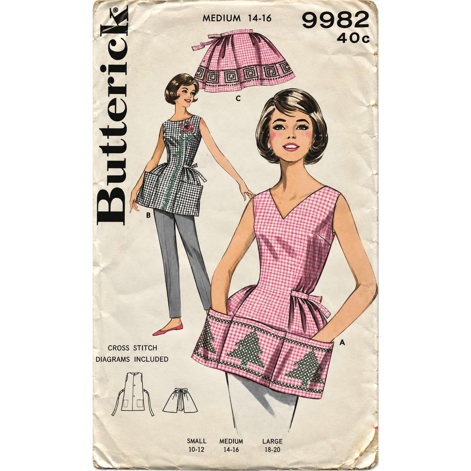 Vintage Butterick Pattern 9982 Large Sz 14-16 Cobbler & Half Apron Cross Stitch