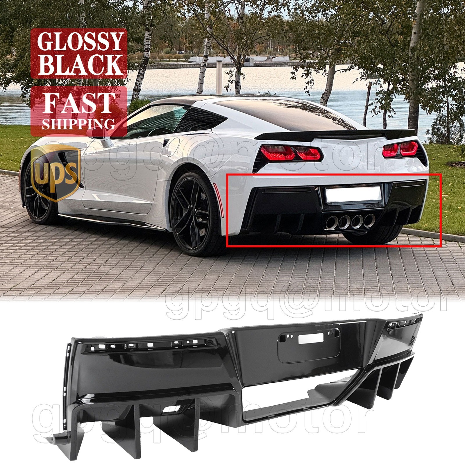 For Corvette C7 Z06 Stingray 2014-2019 Gloss Black Big Fin Rear Bumper Diffuser