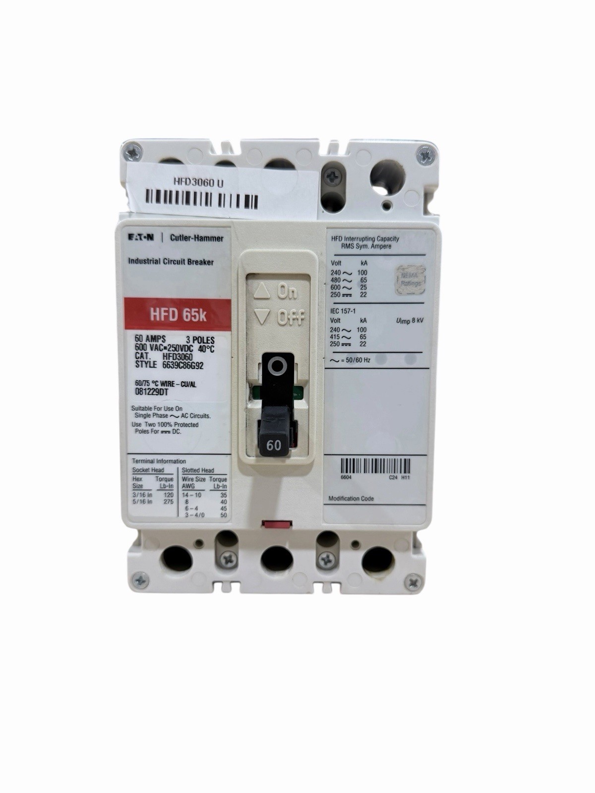 Eaton Cutler Hammer HFD3060 60A 600V 3 Pole Circuit Breaker Series C