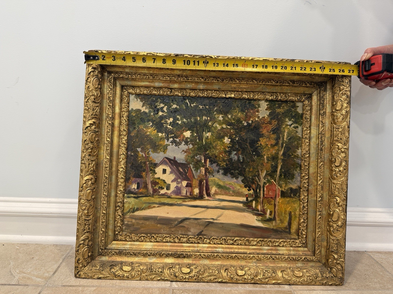 Framed Impressionist Landscape Canvas Painting House Trees Road 23x27 in Framed Impressionist Landscape Canvas Painting House Trees Road 23x27 in
