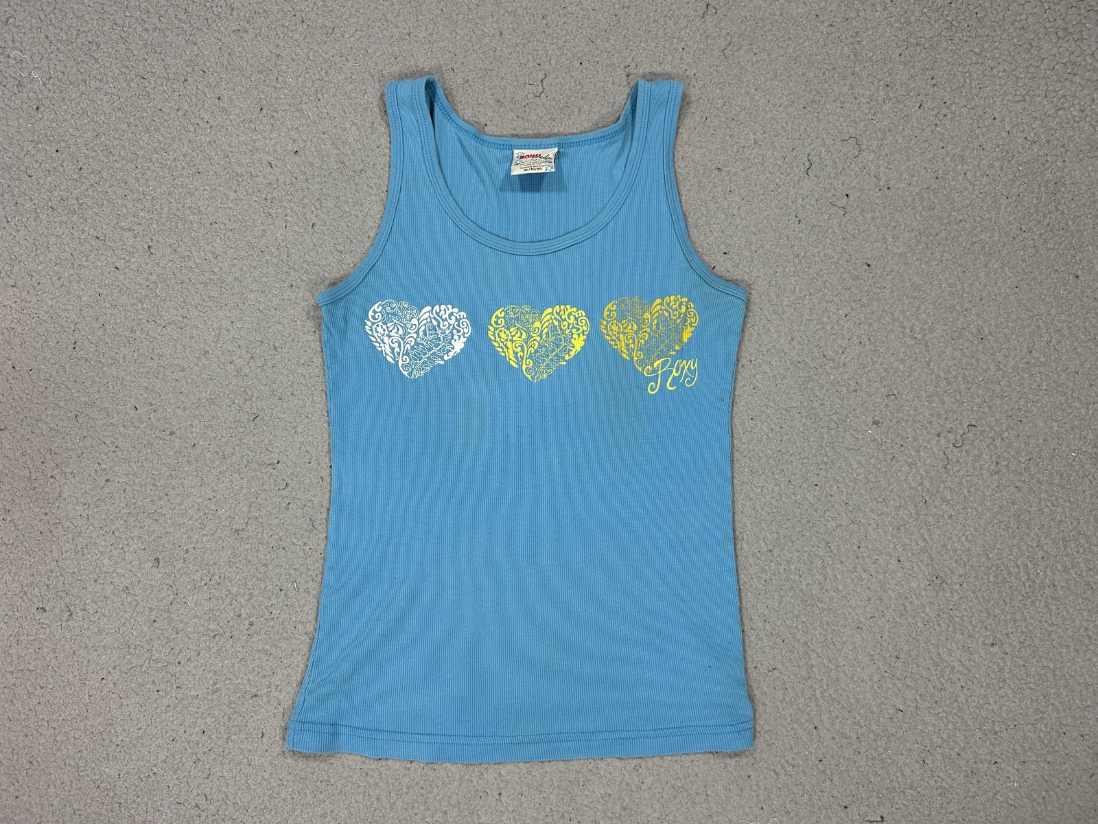 Vintage Roxy Tank Top Juniors XL Blue Heart Graphic Ribbed Surf Beach Teens Y2K
