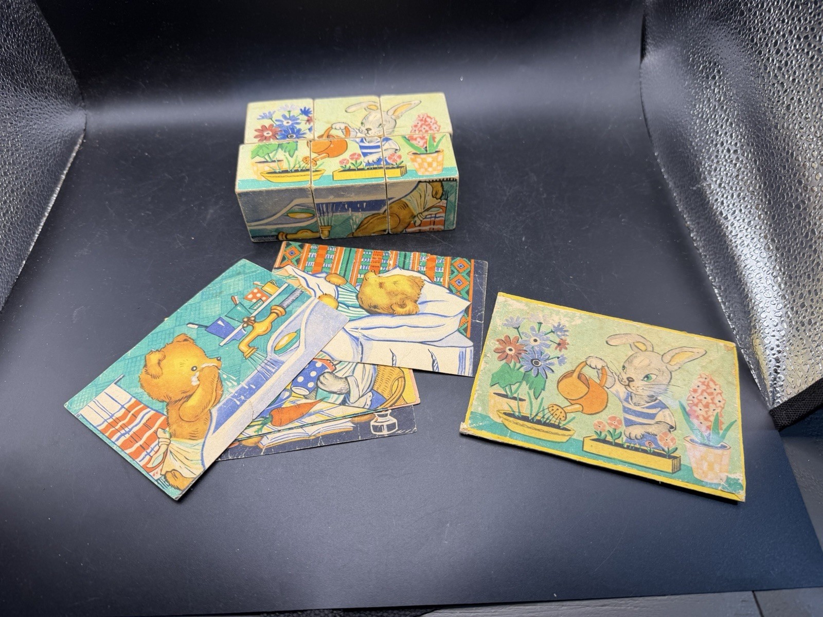 Vintage Wooden Block Puzzle 6 Piece Animal Cube Cards Bear Rabbit Toy