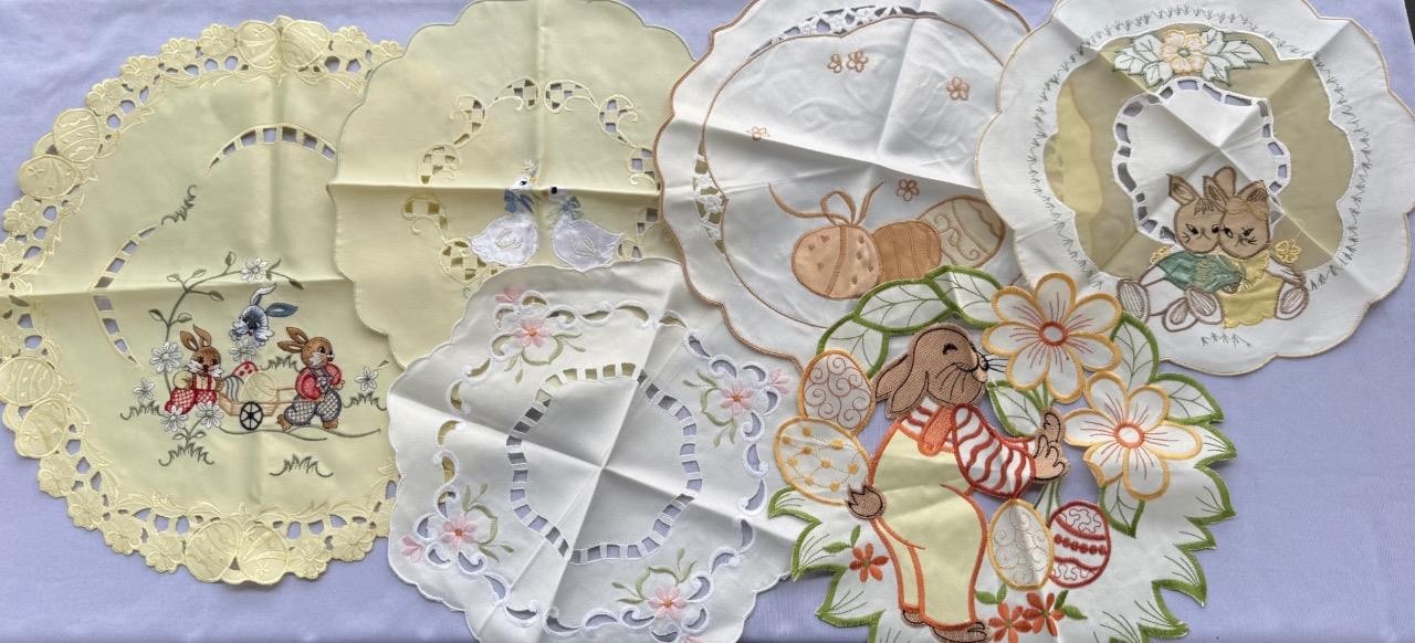 9 Vintage Round Doilies Easter Spring Bunny Flowers Various Sizes Lot 01