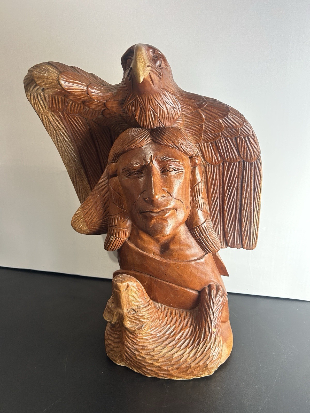 Vintage Hand Carved Wood Native American Bust Statue Eagle Bear Totem Sculpture