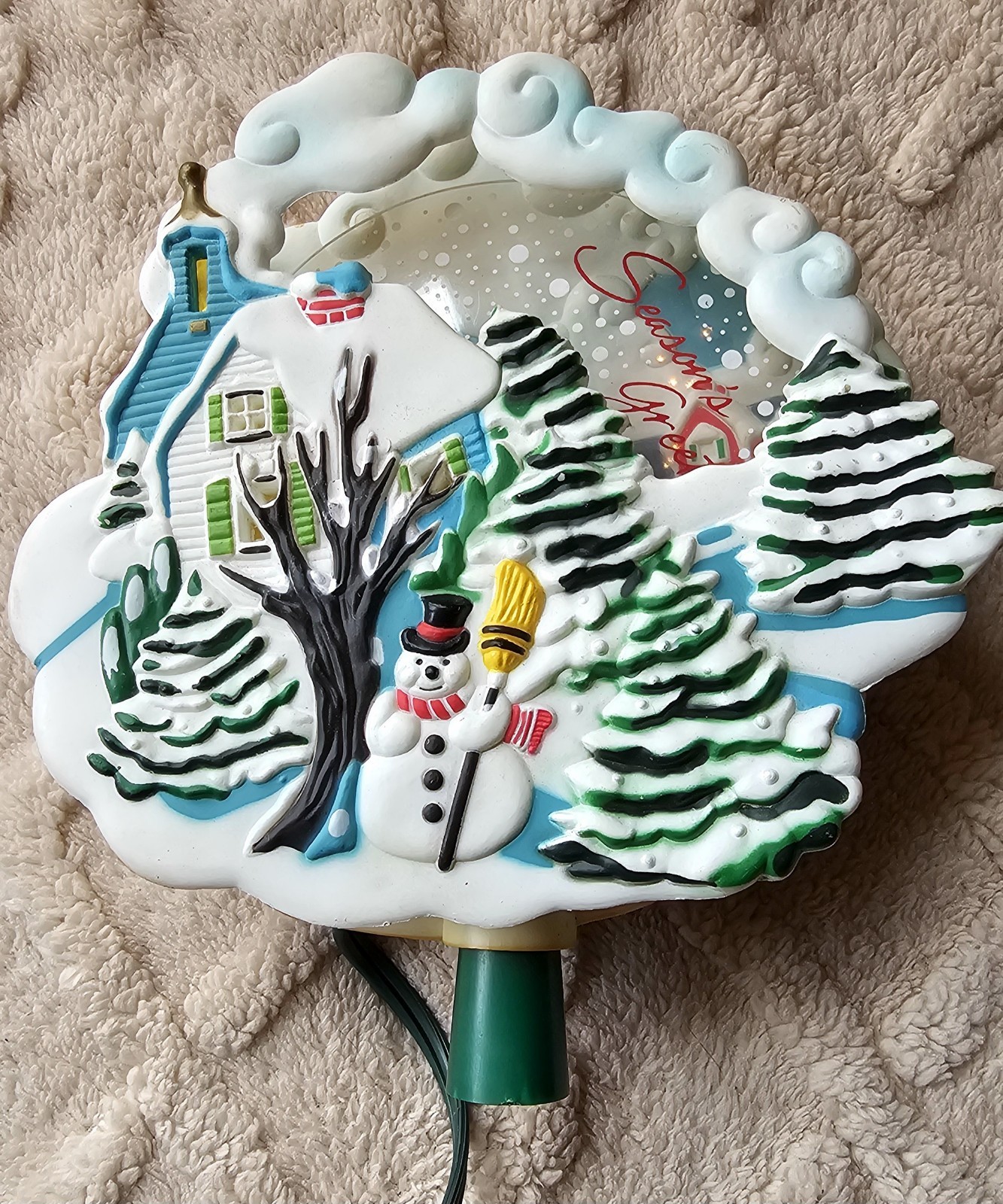 VTG 1992 Bradford Christmas In Motion Lighted Tree Topper Snowman Village Scene