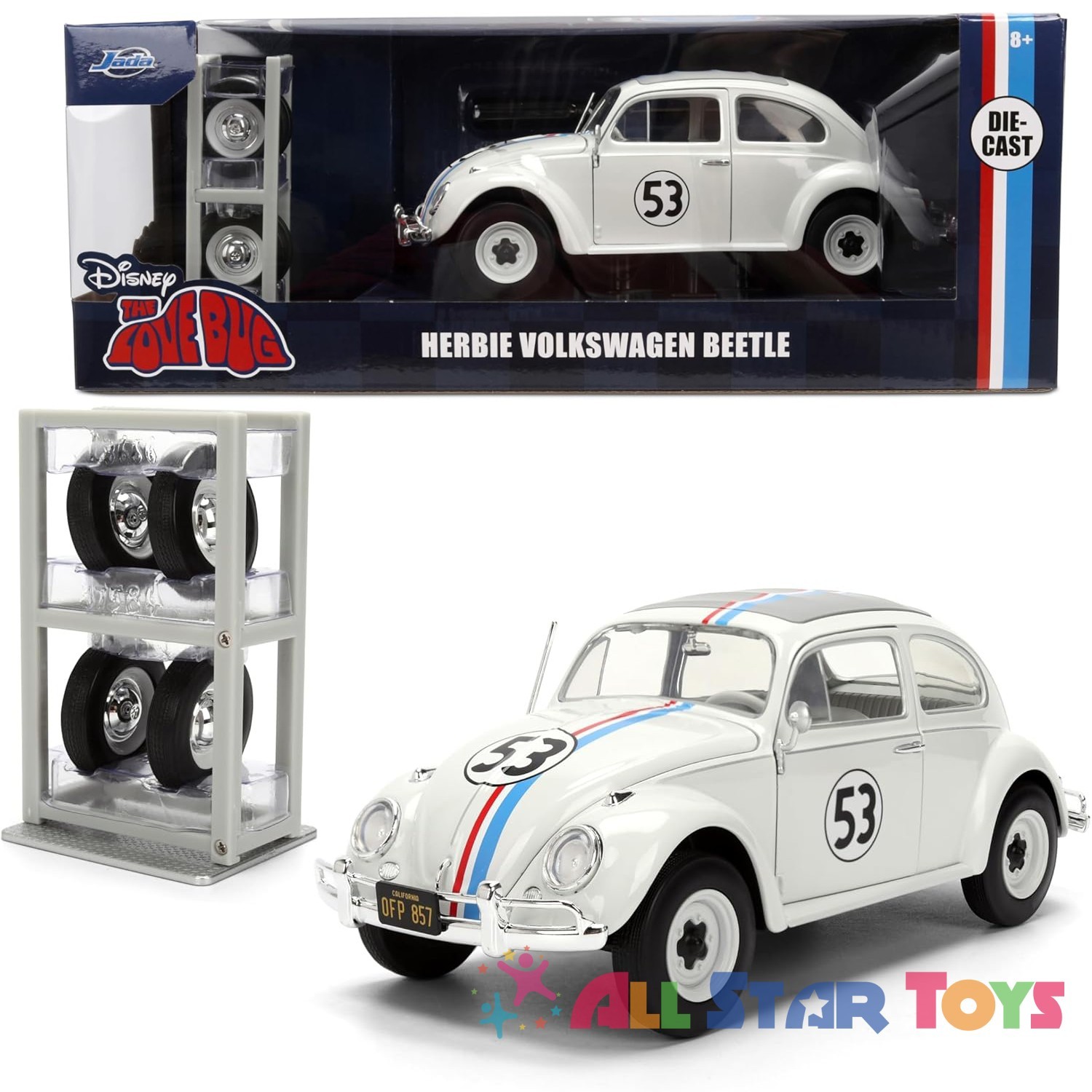 JADA THE LOVE BUG HERBIE 1953 VW BEETLE #53 1/24 RACK & EXTRA WHEELS WHITE 37584 JADA THE LOVE BUG HERBIE 1953 VW BEETLE #53 1/24 RACK & EXTRA WHEELS WHITE 37584