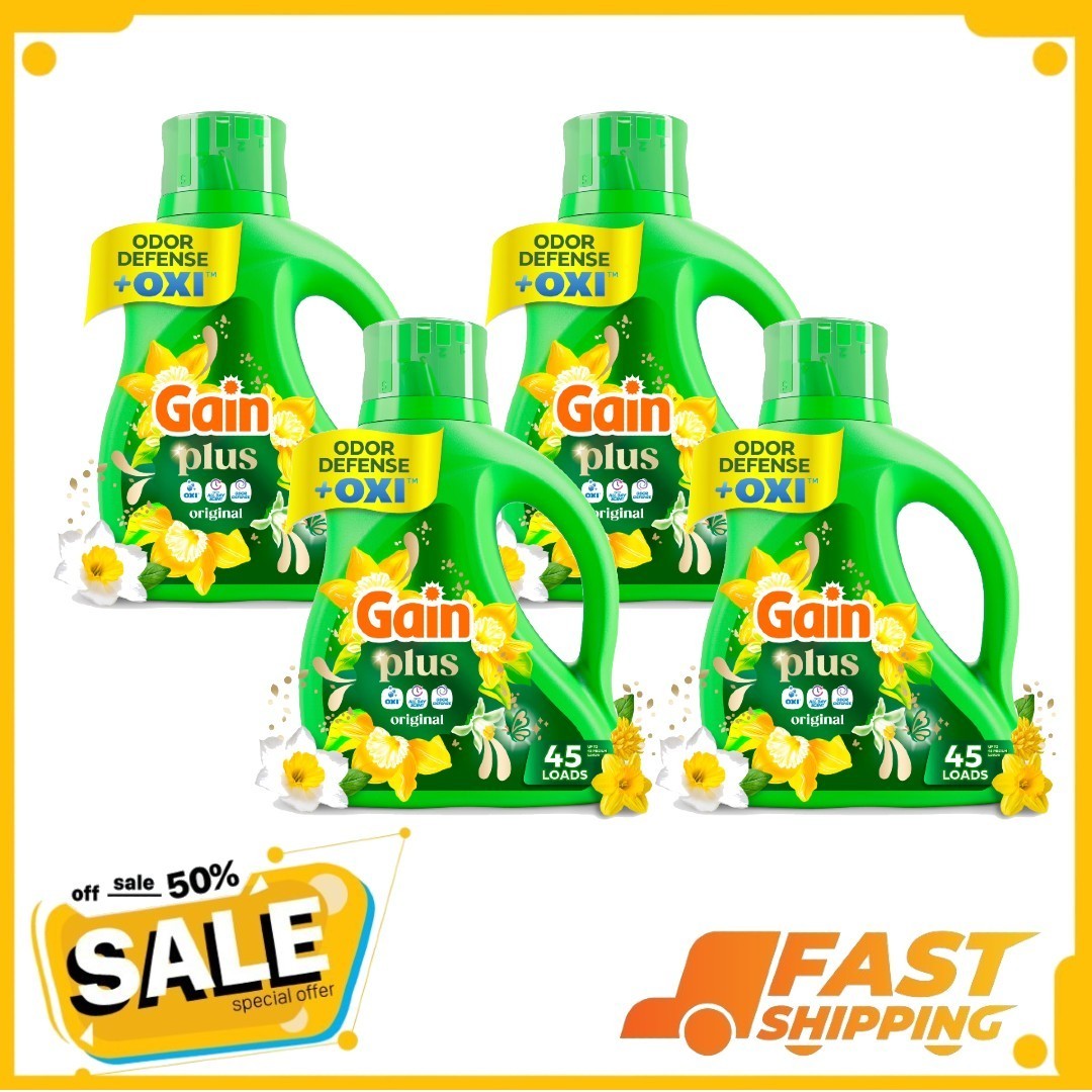 (4 Pack) Gain Plus Laundry Detergent Liquid, Original Scent, 60 fl oz, 45 Loads