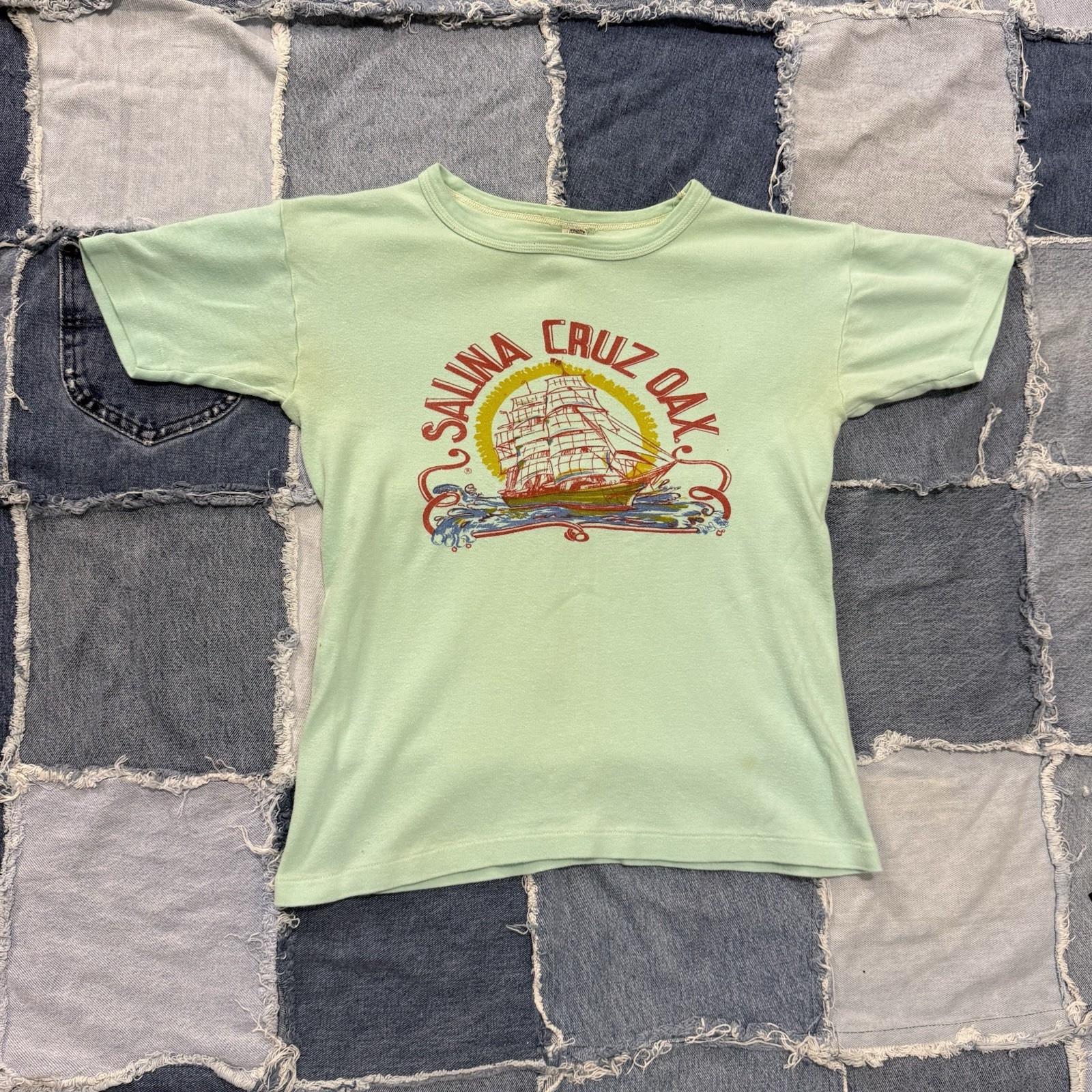 True Vintage 50s 60s  Salina Cruz Oax Souvenir Water Print T Shirt S/M Cotton