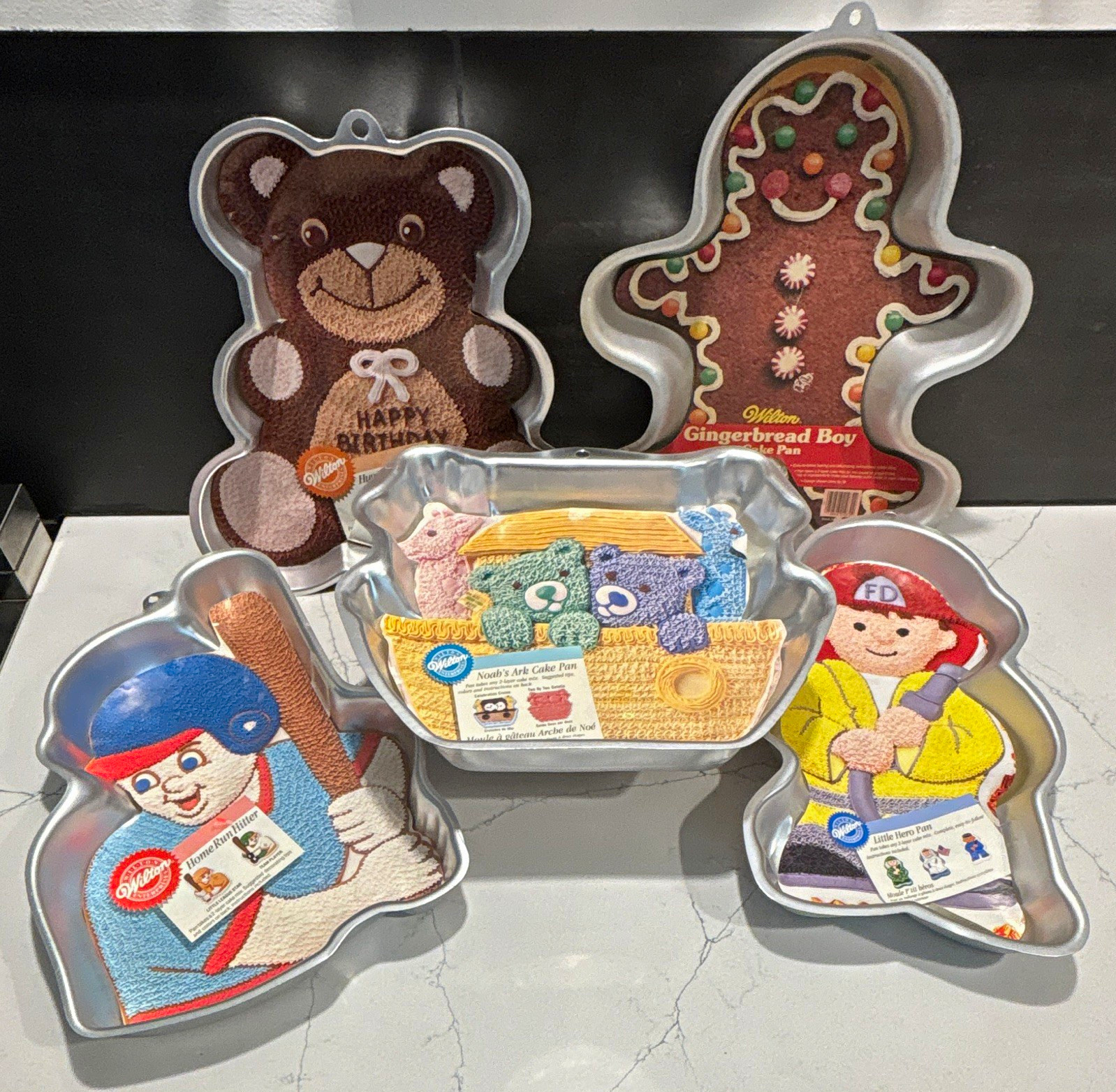 Vintage Wilton Aluminum Shaped 5 Cake Pan Lot Teddy Bear Ark Fireman baseball