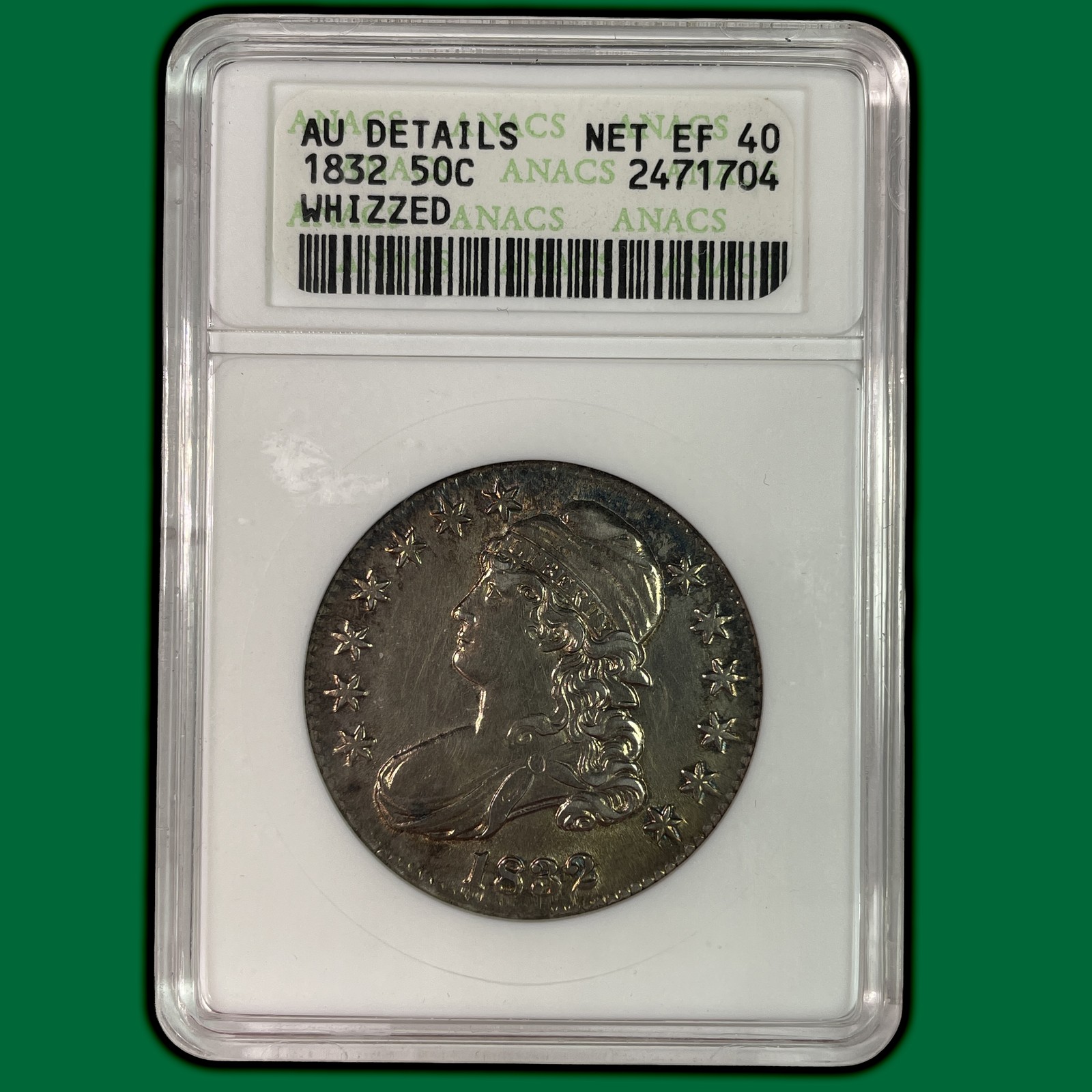 1832 Small Letters Capped Bust Half Dollar Almost Uncirculated ANACS, Whizzed