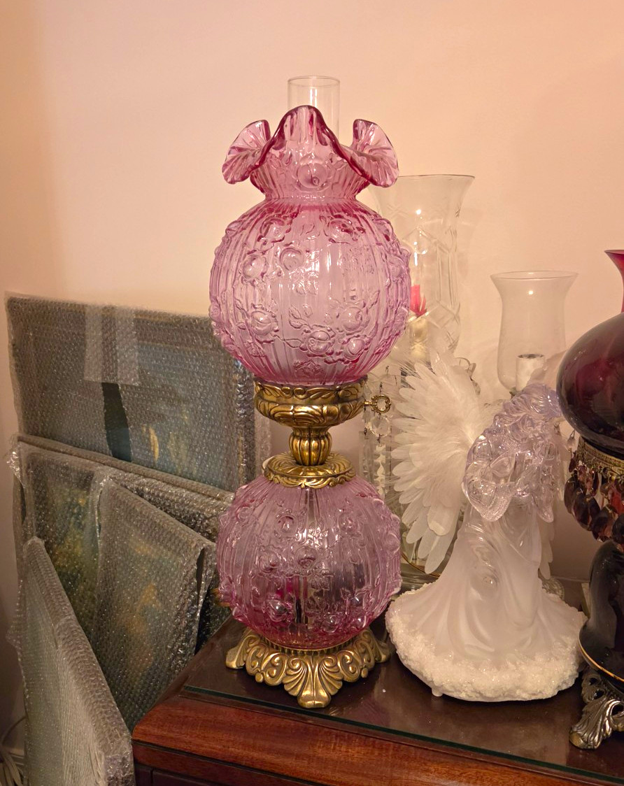 Vintage FENTON Lavender Cabbag Rose Double Glass Globe Gone with Wind Table Lamp