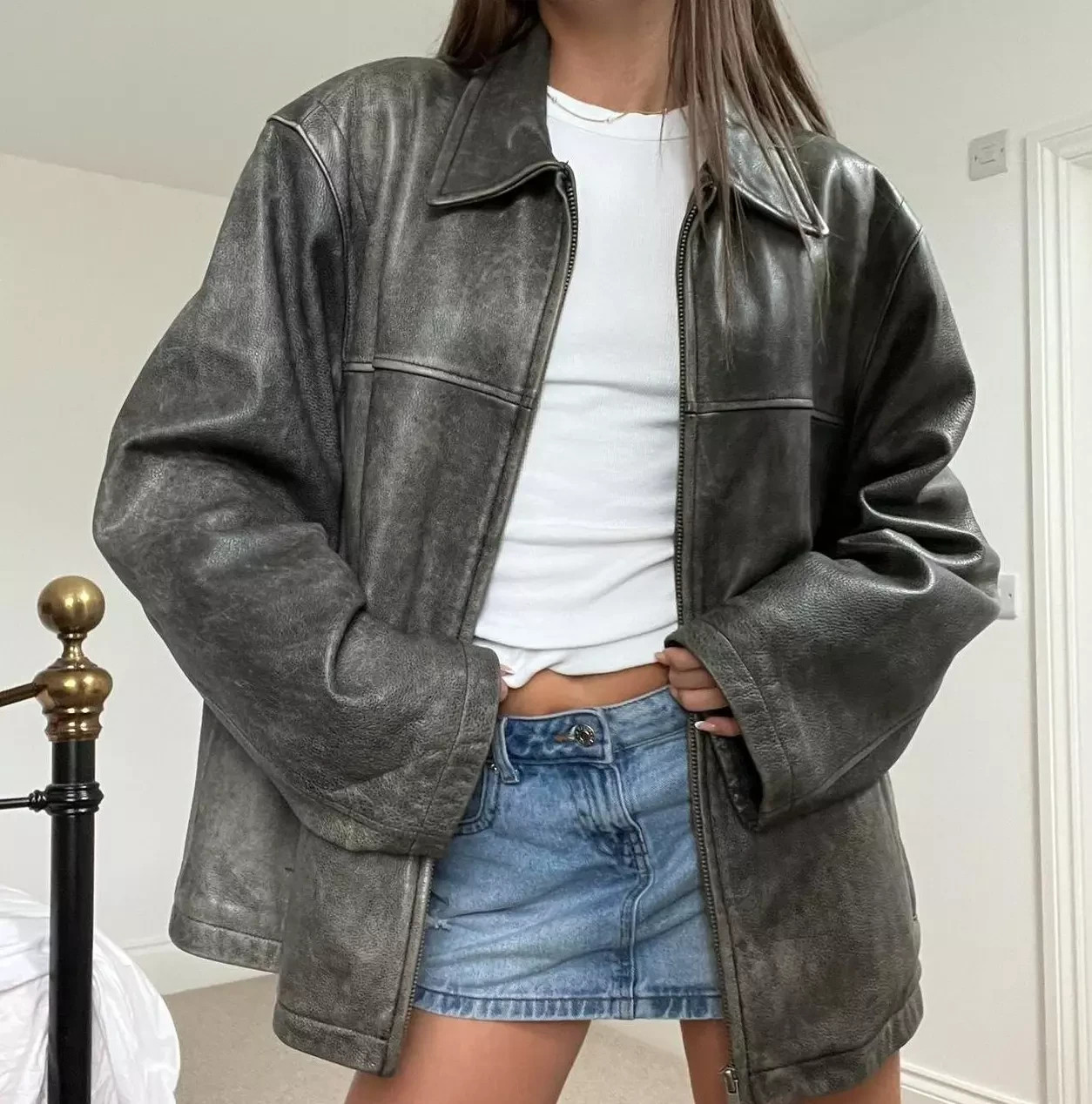 Oversized Women's Vintage Distressed Greyish Black Crackled Real Leather Jacket Oversized Women's Vintage Distressed Greyish Black Crackled Real Leather Jacket