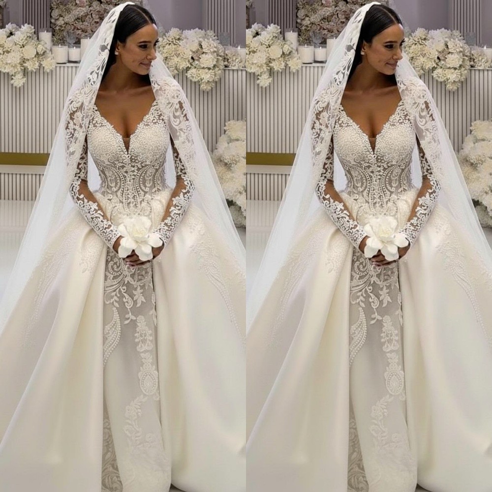 Exquisite Wedding Dresses Long Sleeves With Detachable Train Bridal Gowns