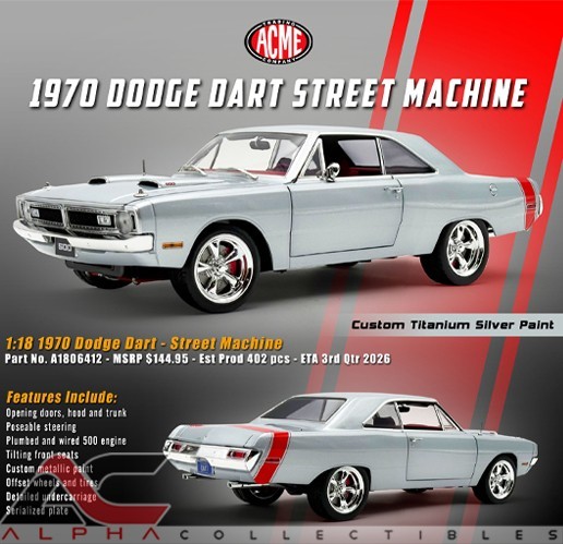 ACME A1806412 1:18 1970 DODGE DART (STREET MACHINE) TITANIUM SILVER