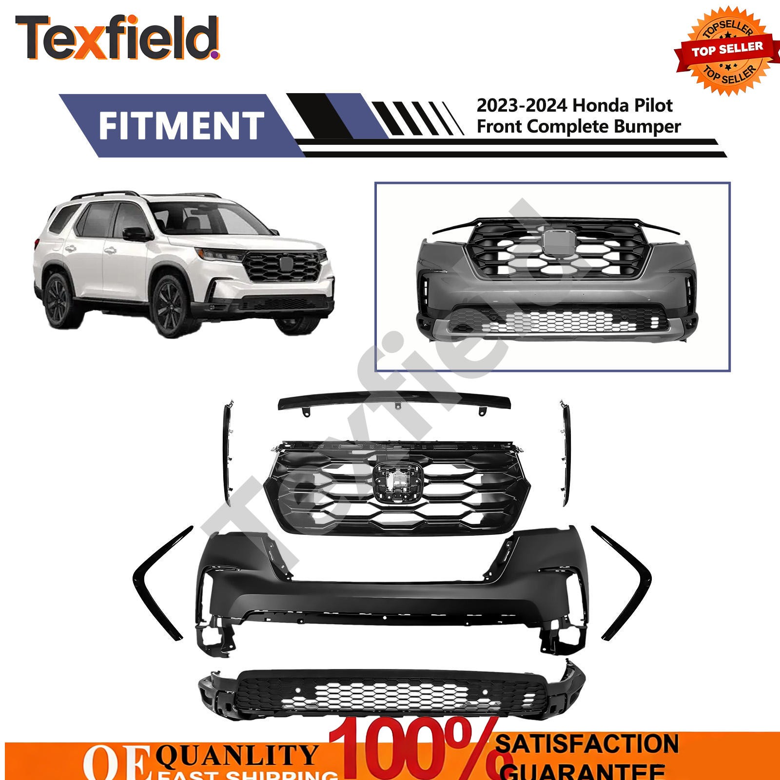 For 2023-2024 Honda Pilot Front Complete Bumper Kit W/ Grille Headlight Trim For 2023-2024 Honda Pilot Front Complete Bumper Kit W/ Grille Headlight Trim