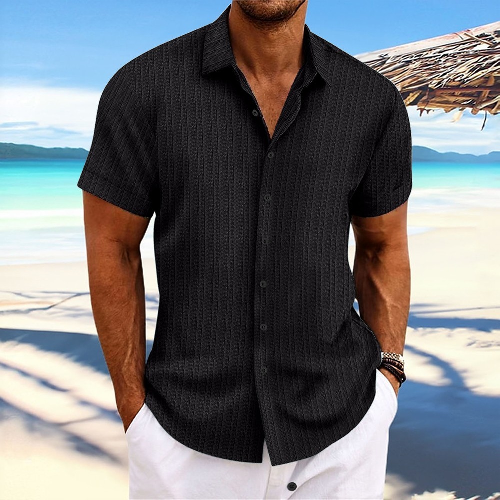 2026 Men Striped Button Down T Shirts Grandad Summer Short Sleeve Casual Tops