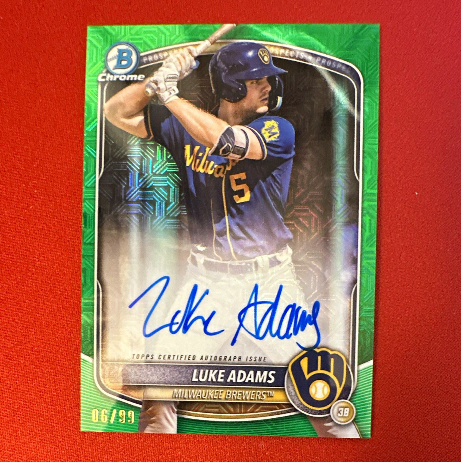 Topps 2025 Bowman Chrome Luke Adams Brewers RC Auto Green Refractor /99 #BMA-LAD