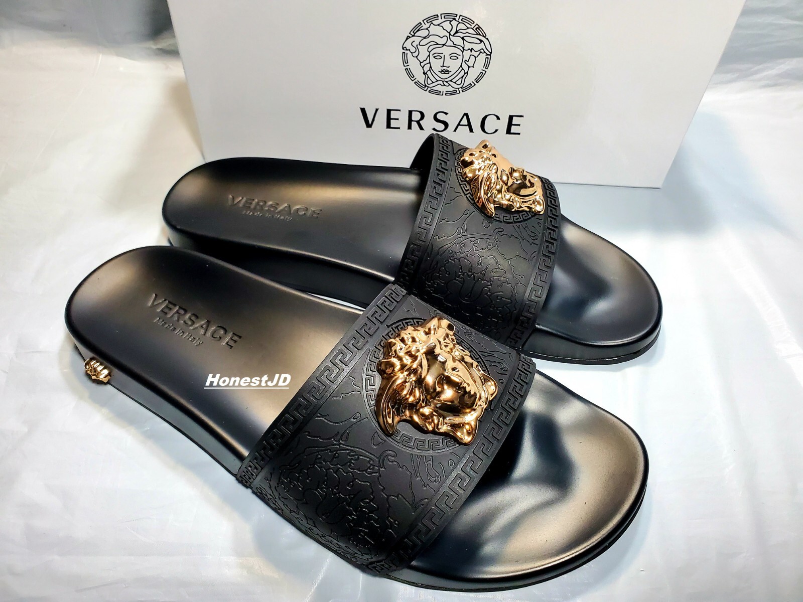 Men\'s Black Gold Versace Medusa Palazzo Sandals Slides Flip Flops Size 10 10.5