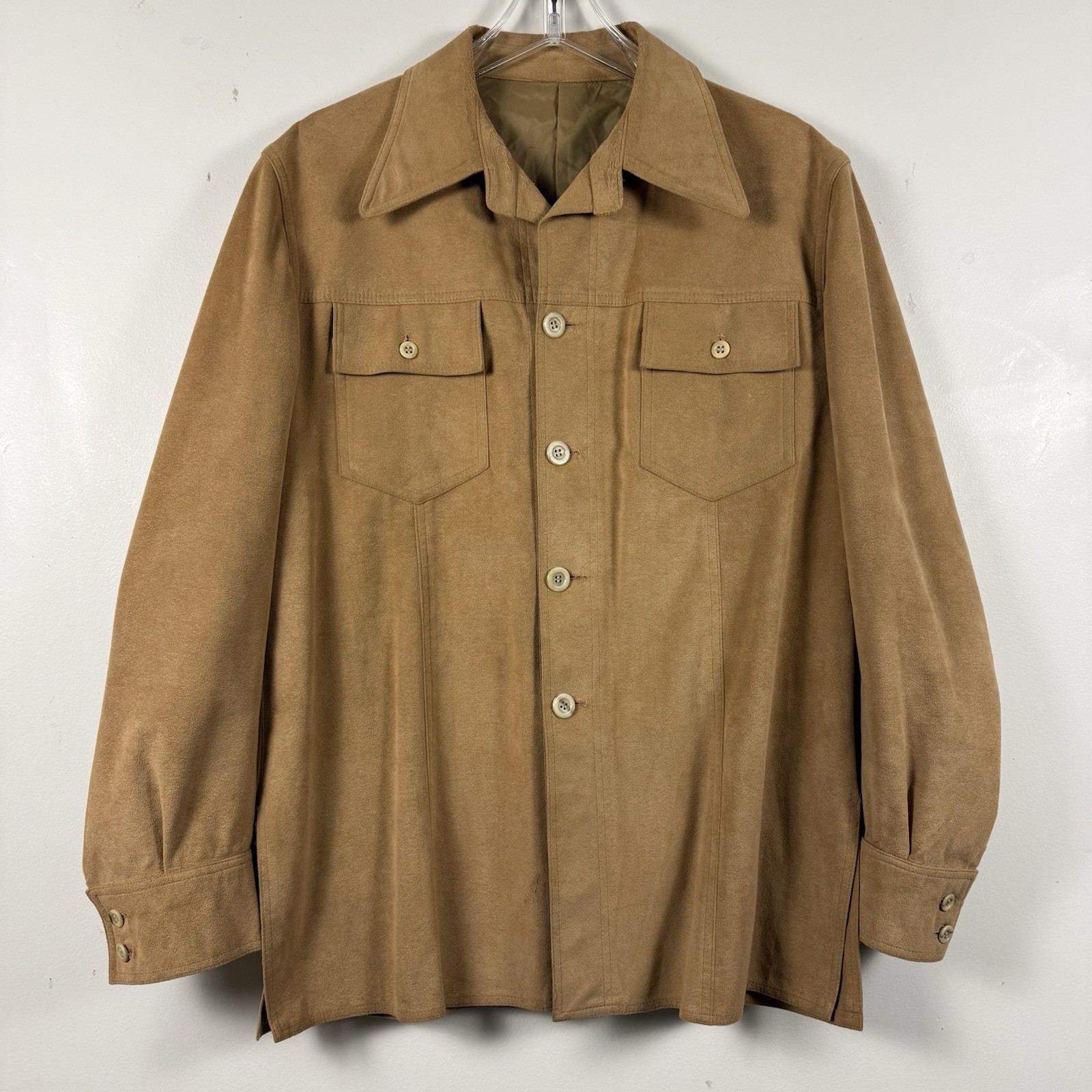 VTG 70s Sakowitz Faux Suede Shirt Jacket Mens SZ L Tan Dagger Collar Union Made