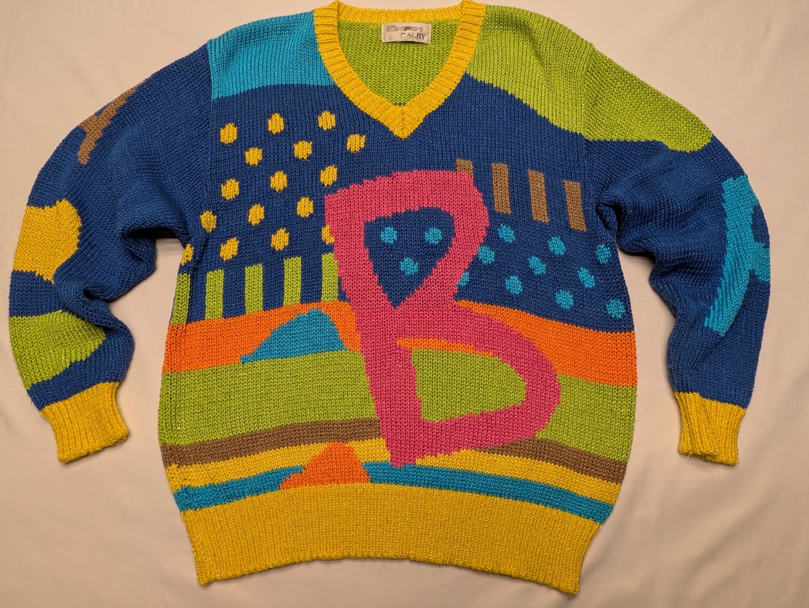 VTG Enfin For Alby Colorblock Knit Sweater Geometric Abstract Retro Pop Art Sz L