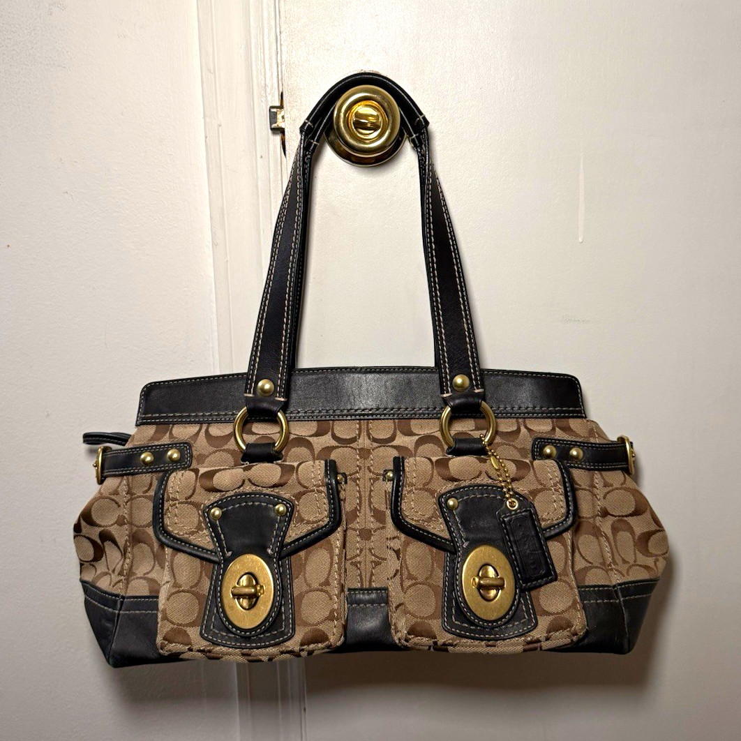 Vintage Coach Signature Monogram Medium Satchel Top Handle Bag Brown/Black Gold Vintage Coach Signature Monogram Medium Satchel Top Handle Bag Brown/Black Gold