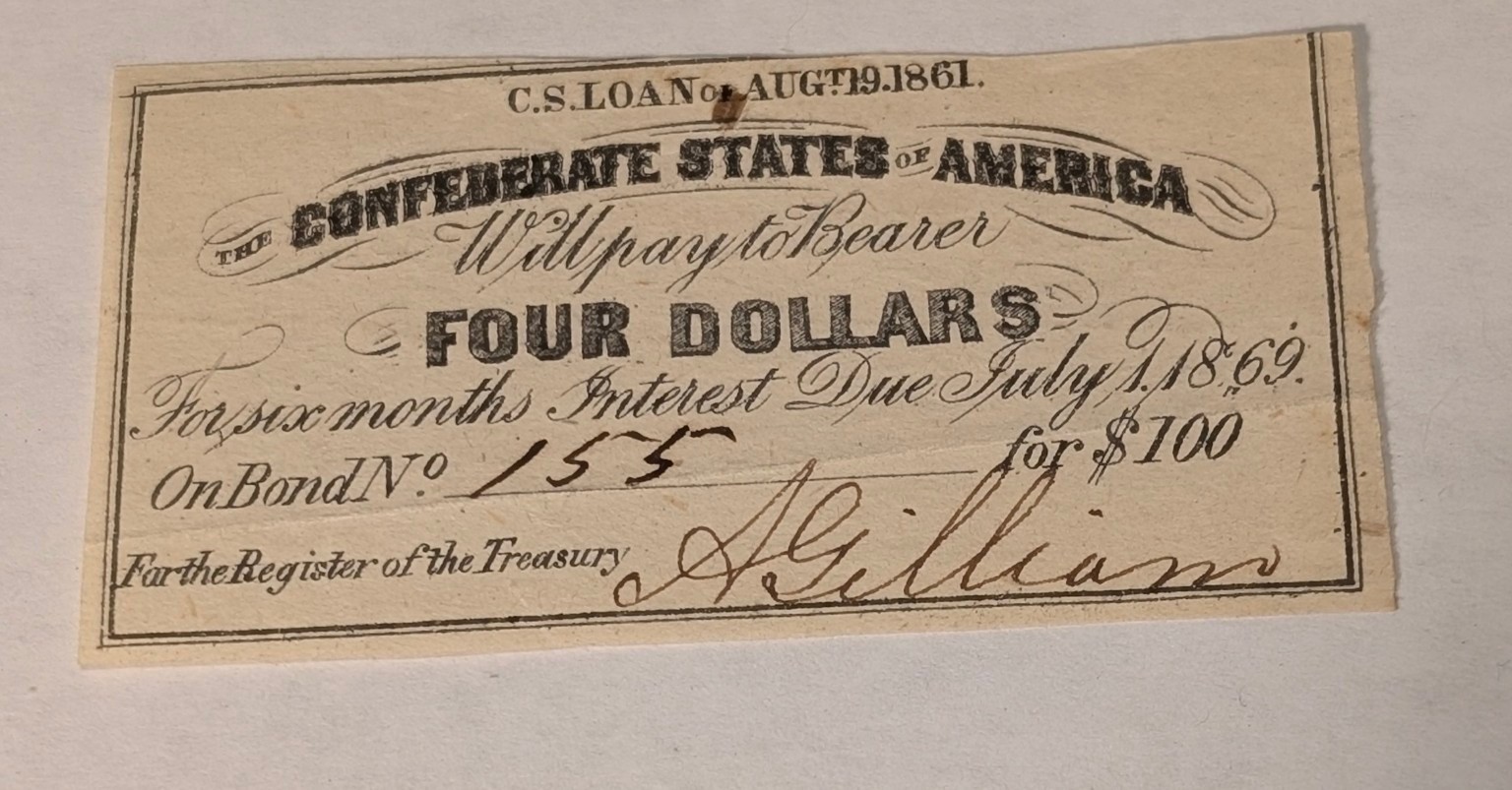 5 CSA Confederate $4 Bond Coupons 1861 Loan 1862-1869 Gilliam Johnson Civil War