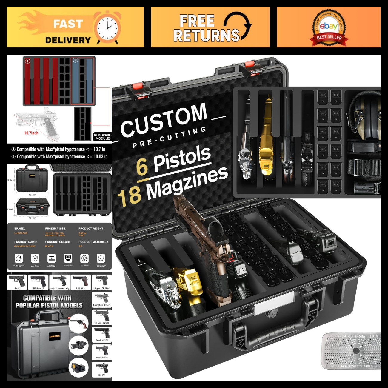 Multi-Handgun Pistol Case - Holds Multiple Pistols & Magazines, Durable & Secure