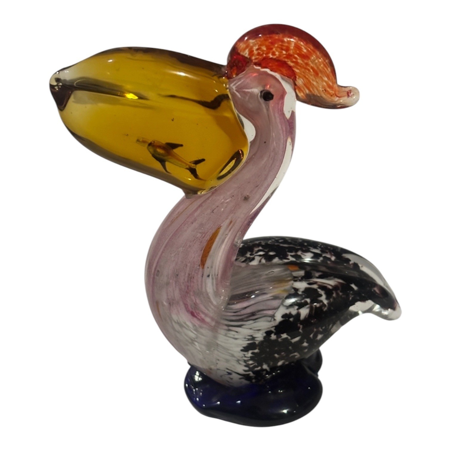 Vtg Hand Blown Murano Art Glass Pelican bird with fish figurene paper weight