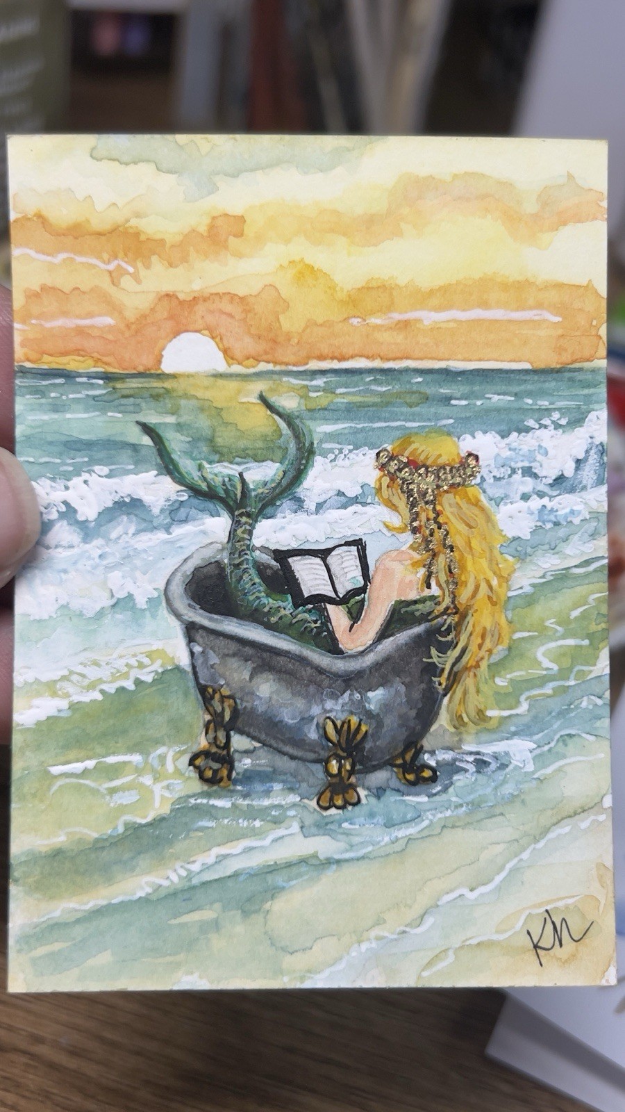 ACEO Print Of “Mermaid Tales” Mermaid Coastal Watercolor Art By Kelly Horn