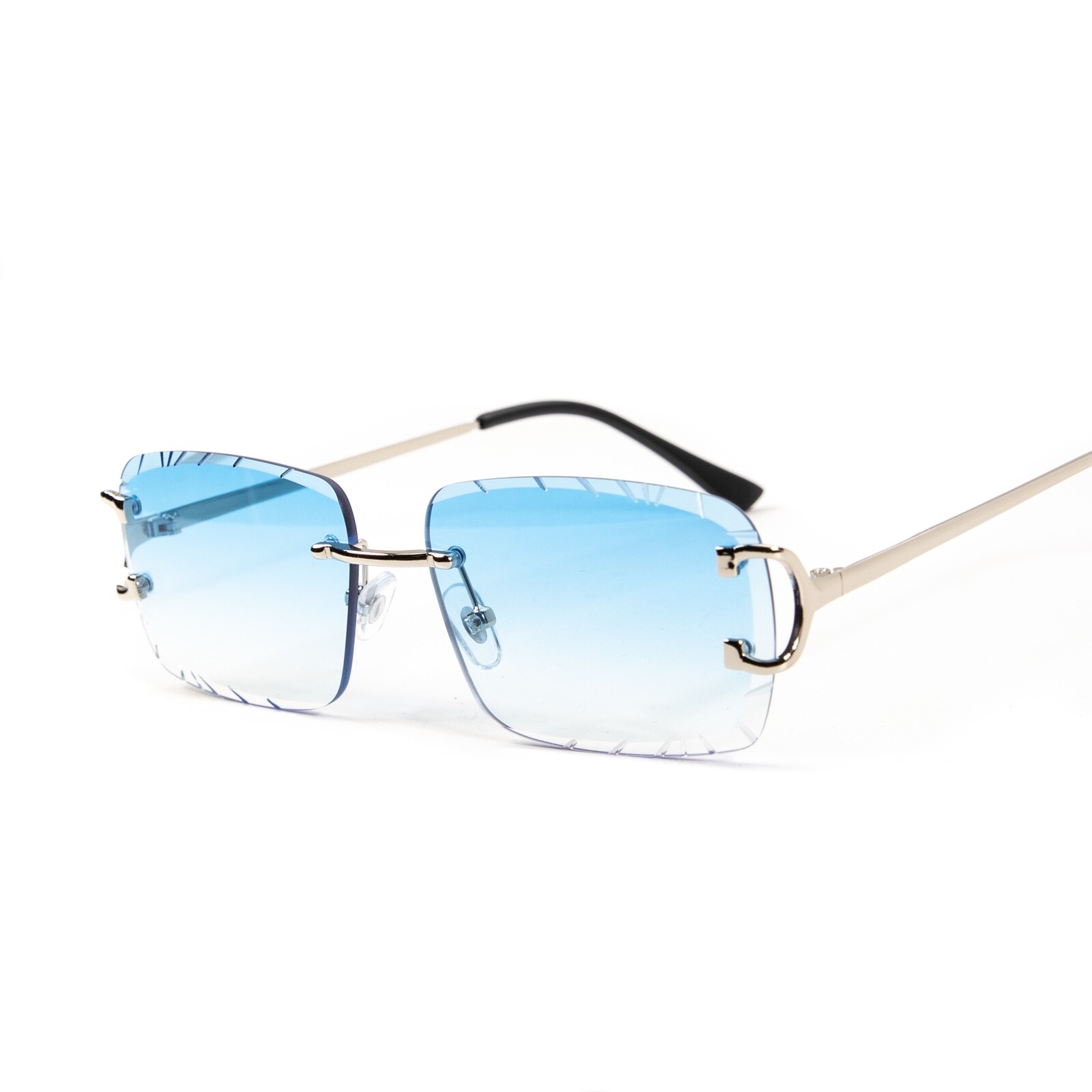 Men\'s Rimless Luxury Hip Hop Baby Blue Tint Silver Frame Rectangle Sunglasses