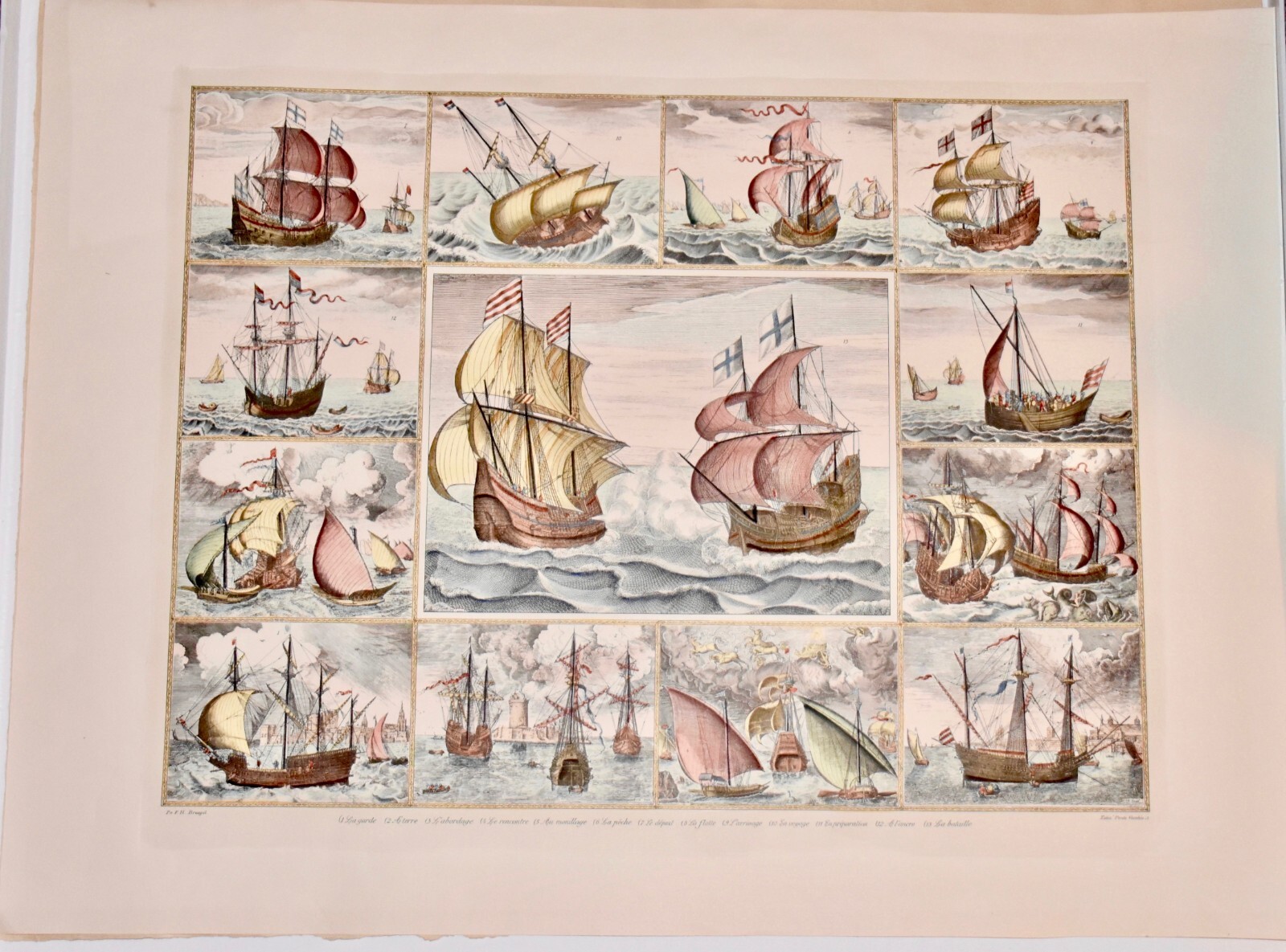 Sailing Vessels. Original 19th cent. Engraving, by Pieter Bruegel 24x30inch