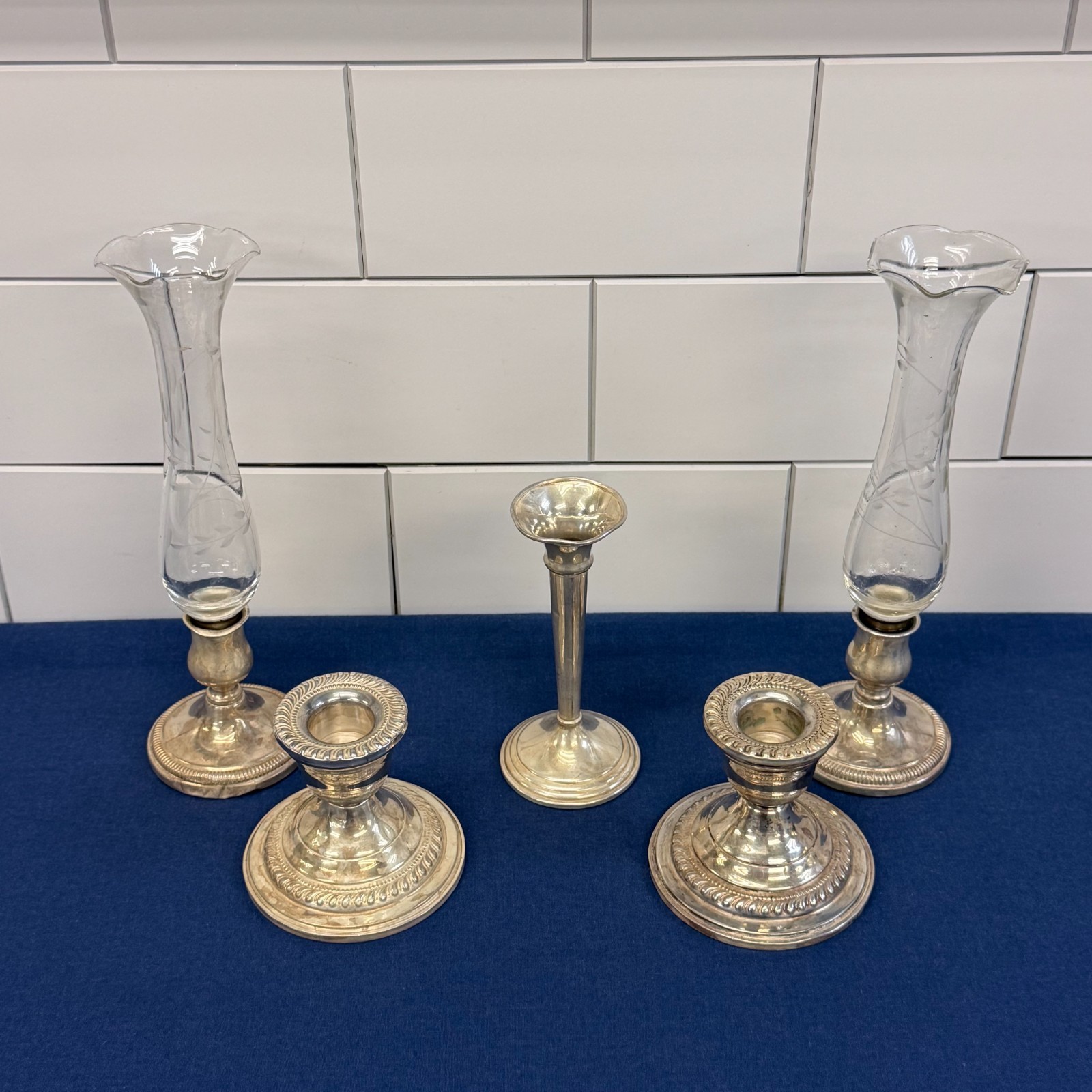 Sterling Silver Weighted Candlesticks & Bud Vases Lot of 5 Elgin Fisher Garden