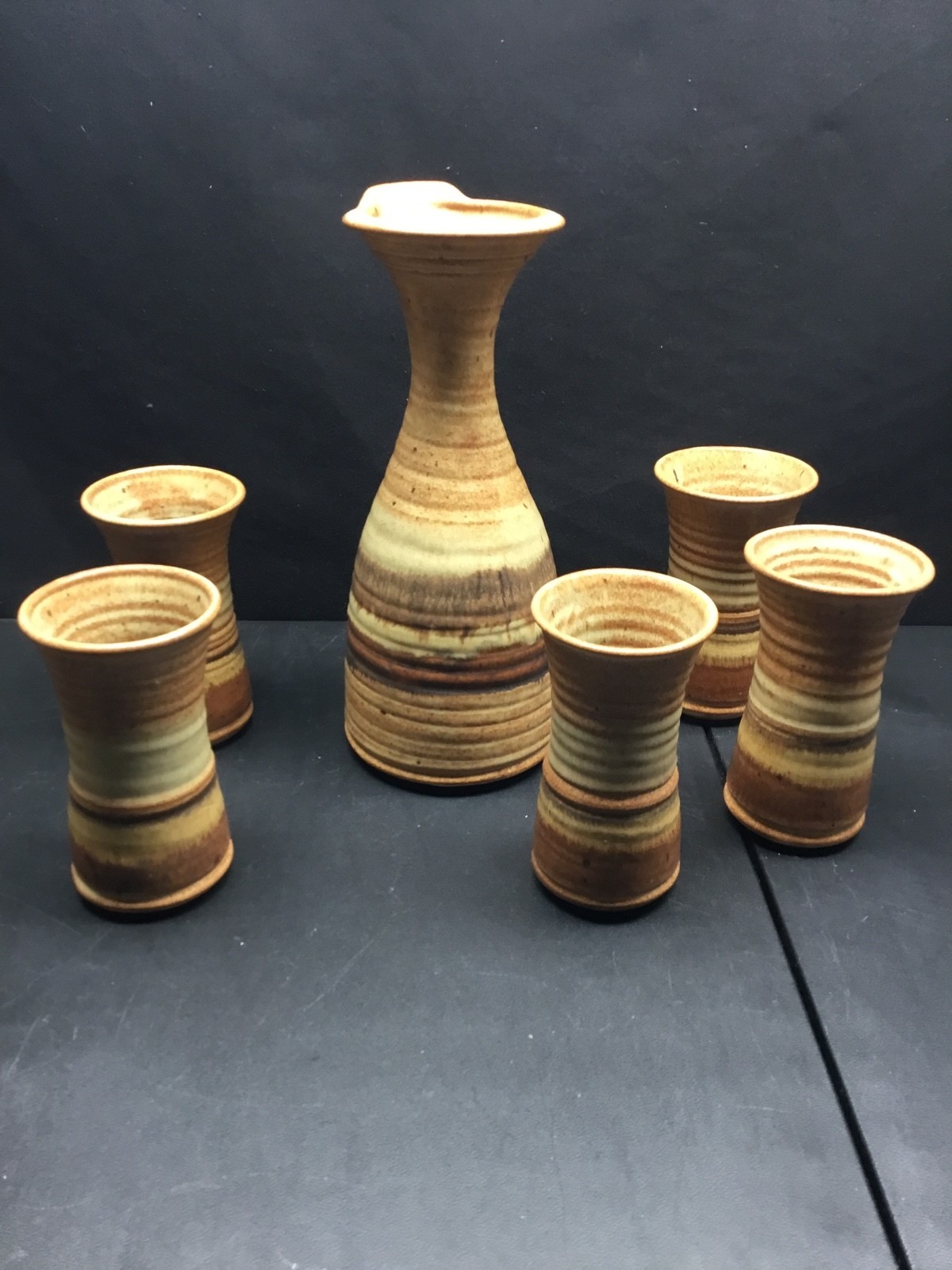 Vtg Richard Marg Peeler Studio Art Pottery Wine Carafe Decanter Tumbler Set 6 pc Vtg Richard Marg Peeler Studio Art Pottery Wine Carafe Decanter Tumbler Set 6 pc