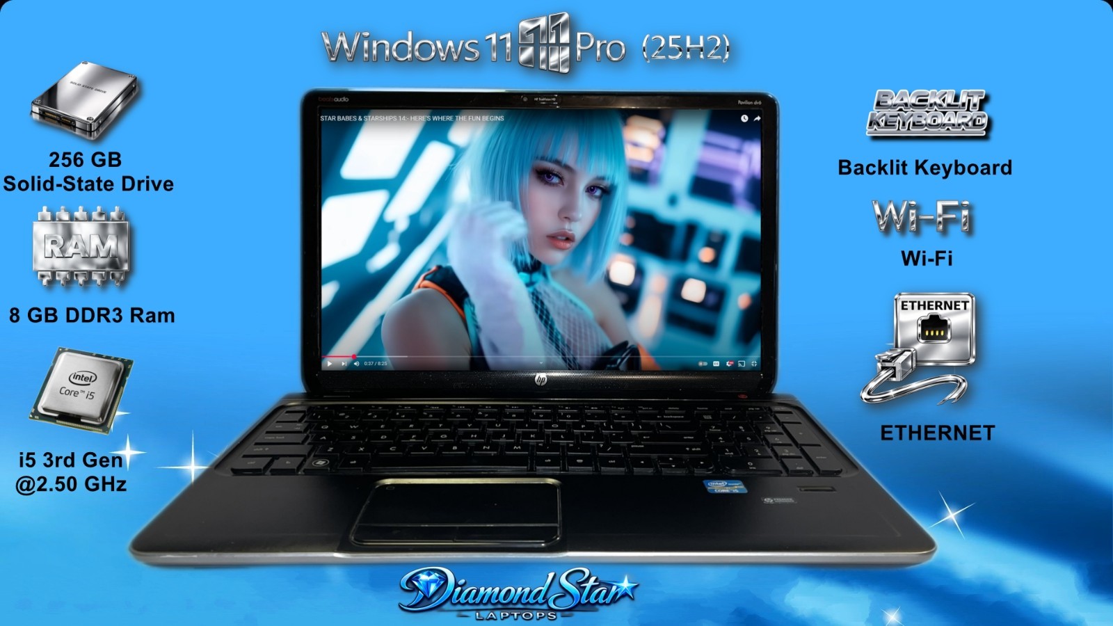 8GB  256 GB SSD BACKLIT i5 @2.50 GHz Hi-Def Webcam Windows 11 HP PAVILION