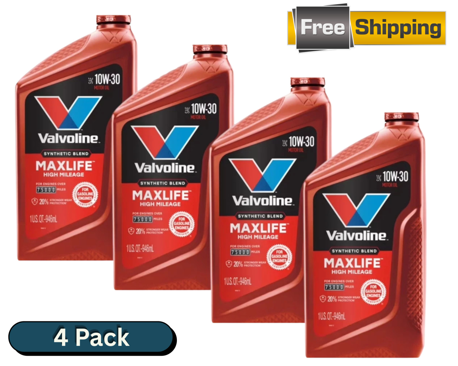 Valvoline MaxLife High Mileage 10W-30 Synthetic Blend Motor Oil 1 Quart - 4 Pack