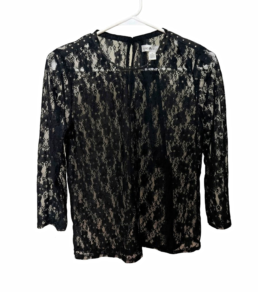 Black Lace Studded Collar Long-Sleeve Top