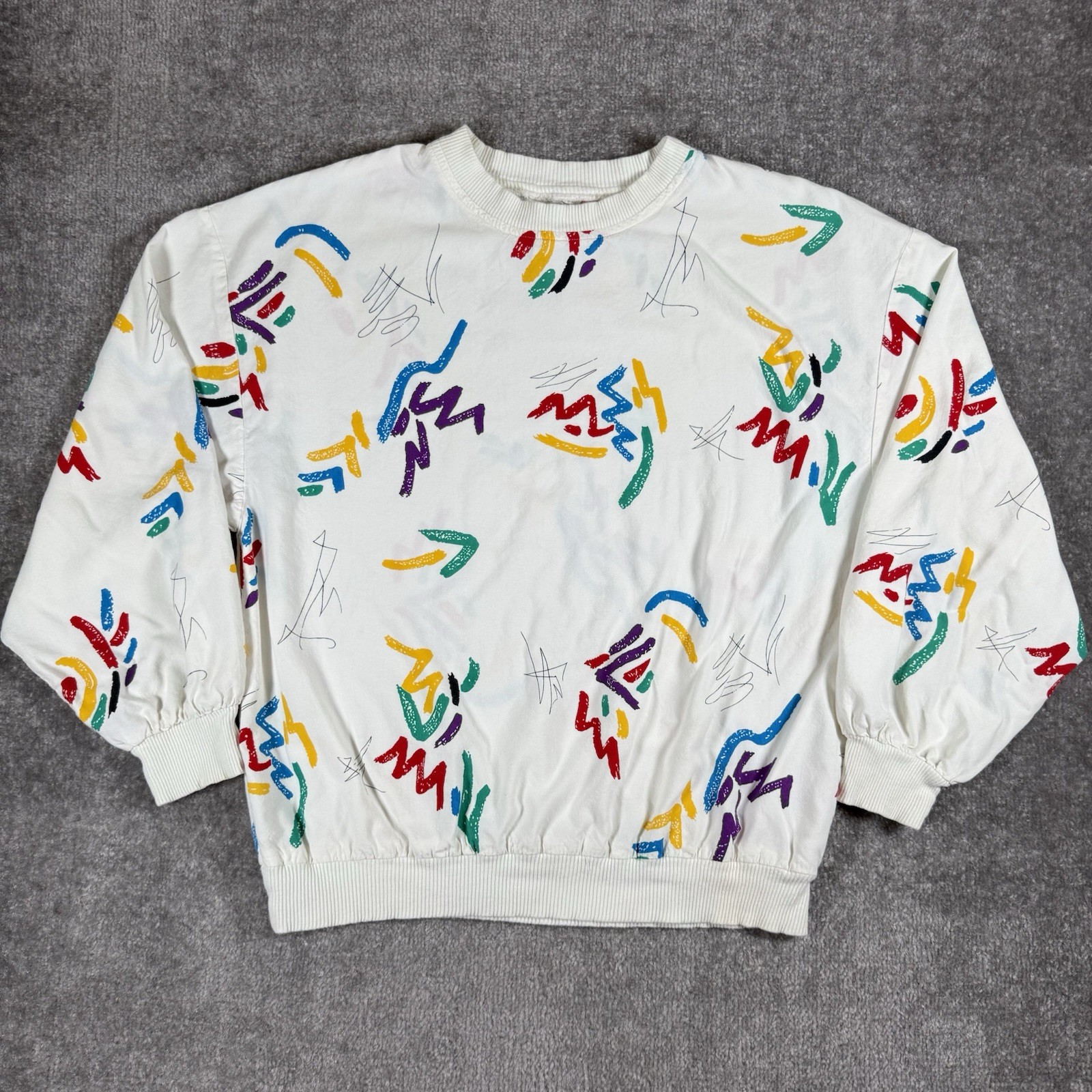 Vintage Morelle Crewneck Womens Medium White Scribbles Long Sleeve 80s Retro