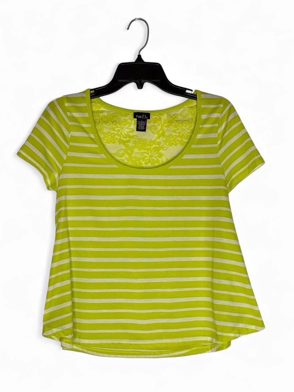 Rue 21 Y2K Lime Green Striped Lace Back Babydoll Tee Size L