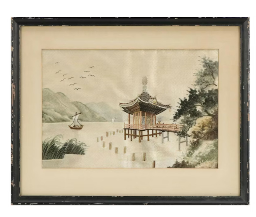 East Asian Silk Embroidery Framed Art Village on Water Vintage MCM
