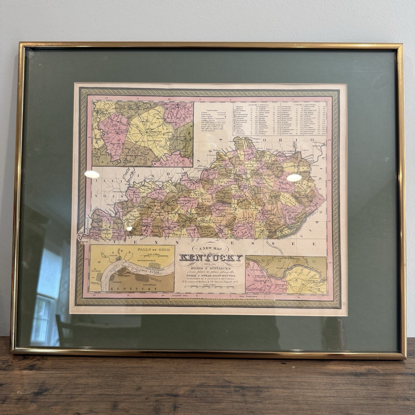 1847 Original S Augustus Mitchell Kentucky Map Hand Colored Framed Plate 27