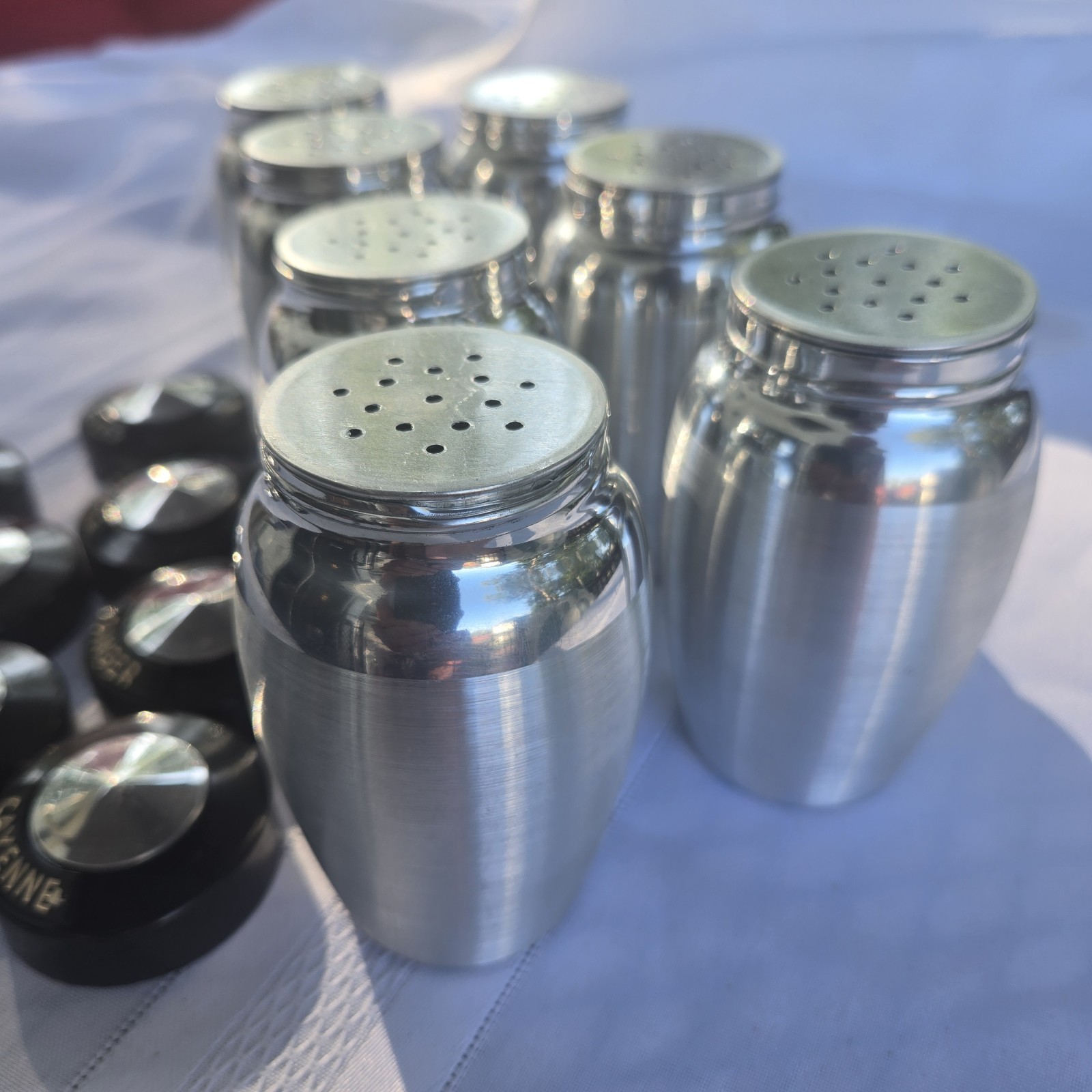 Vintage 1950s Kromex Spun Aluminum Spice Shaker Set of 7 - Near Mint MCM Retro