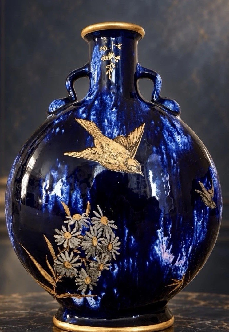 ANTIQUE MINTON AESTHETIC MOON FLASK RARE GLAZED GOLD SILVER COBALT GLAZE